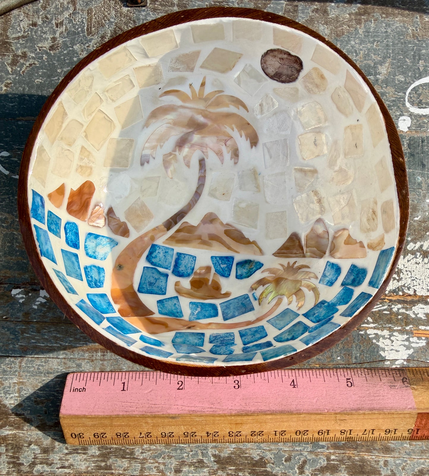 Gorgeous Beach Mosaic Coconut Bowl with Shell Inlay | 6"