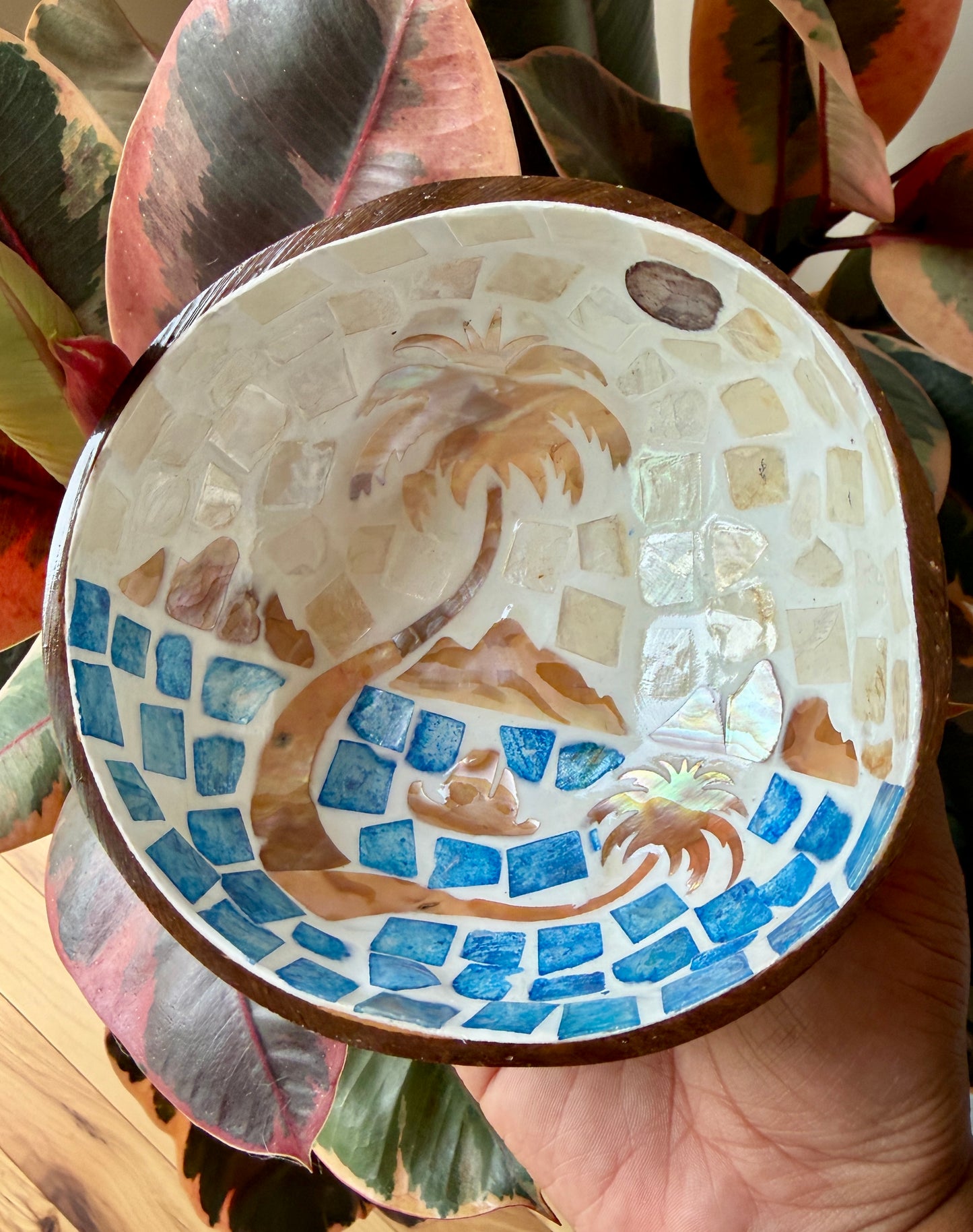 Gorgeous Beach Mosaic Coconut Bowl with Shell Inlay | 6"