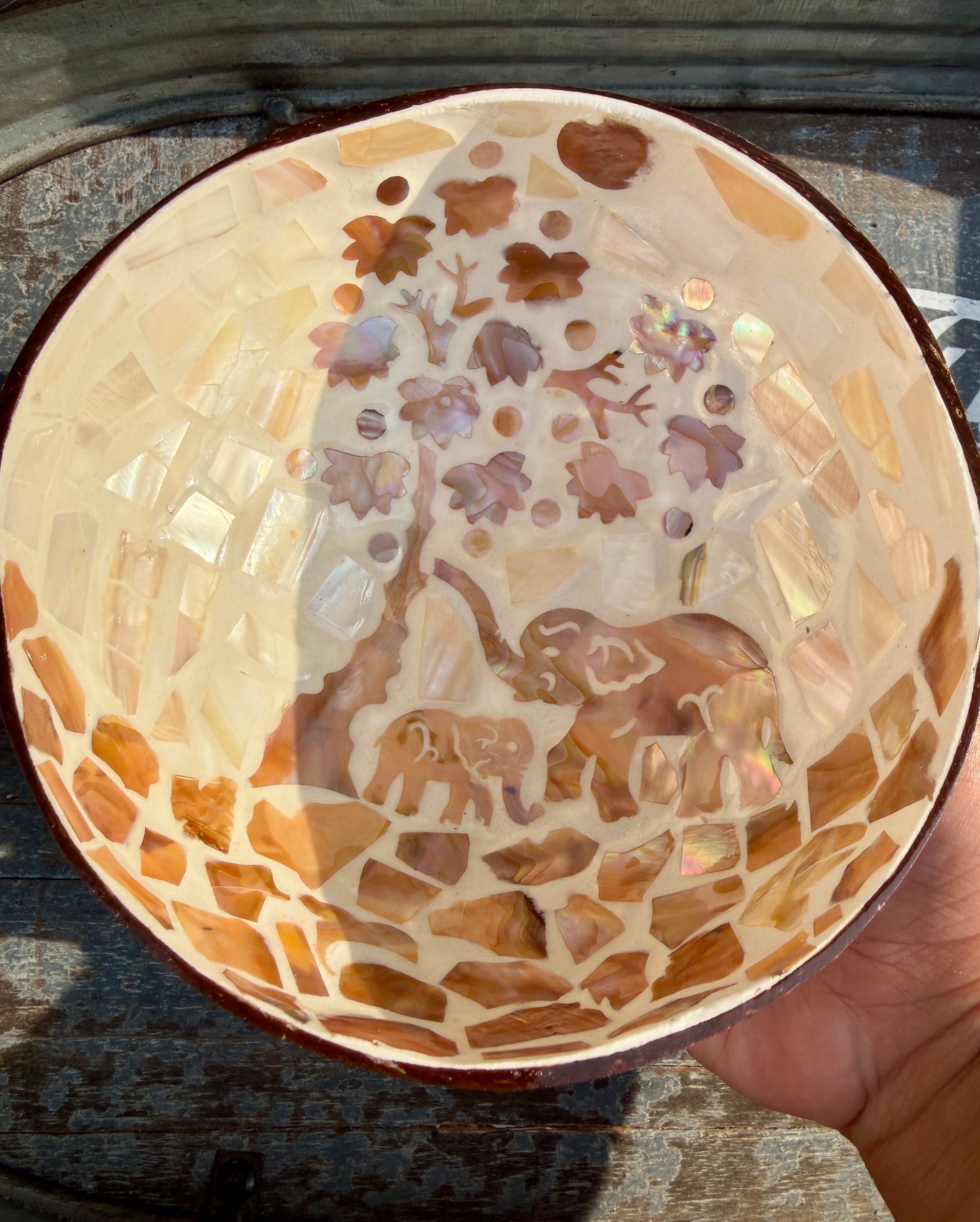 Gorgeous Elephant Mosaic Coconut Bowl with Shell Inlay | 6"