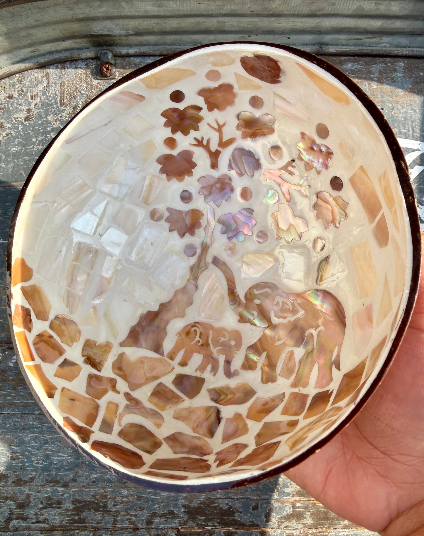 Gorgeous Elephant Mosaic Coconut Bowl with Shell Inlay | 6"
