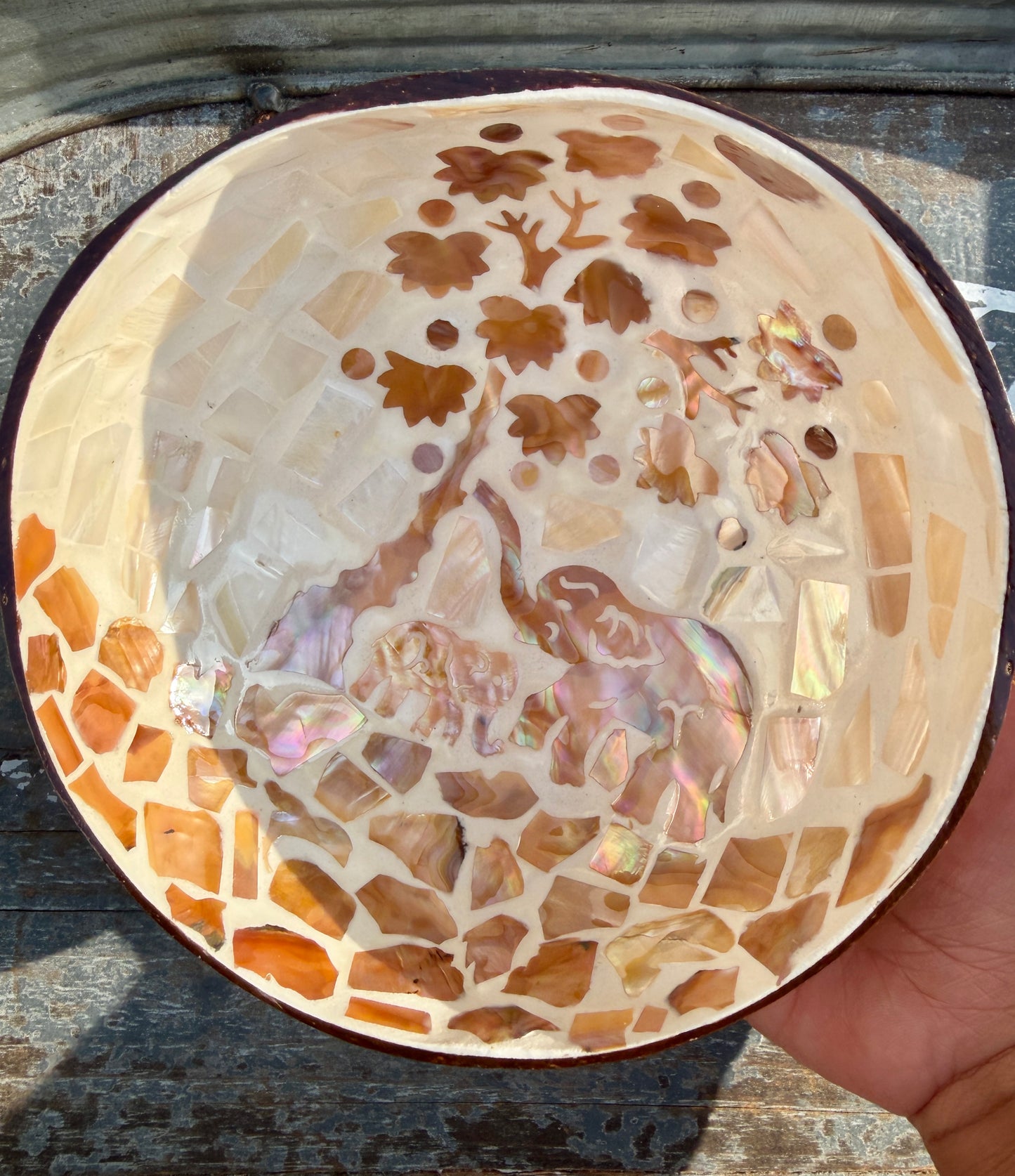 Gorgeous Elephant Mosaic Coconut Bowl with Shell Inlay | 6"