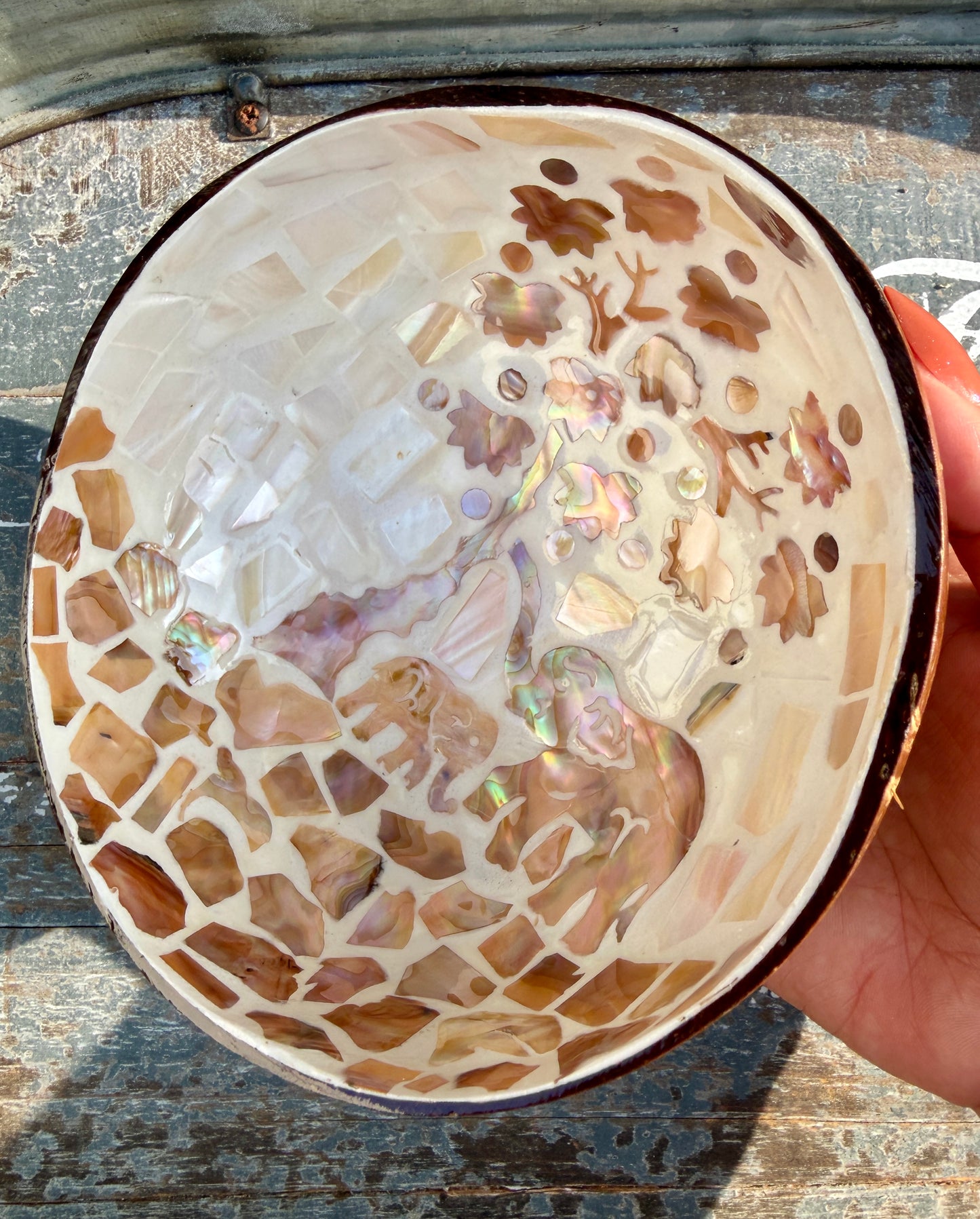 Gorgeous Elephant Mosaic Coconut Bowl with Shell Inlay | 6"