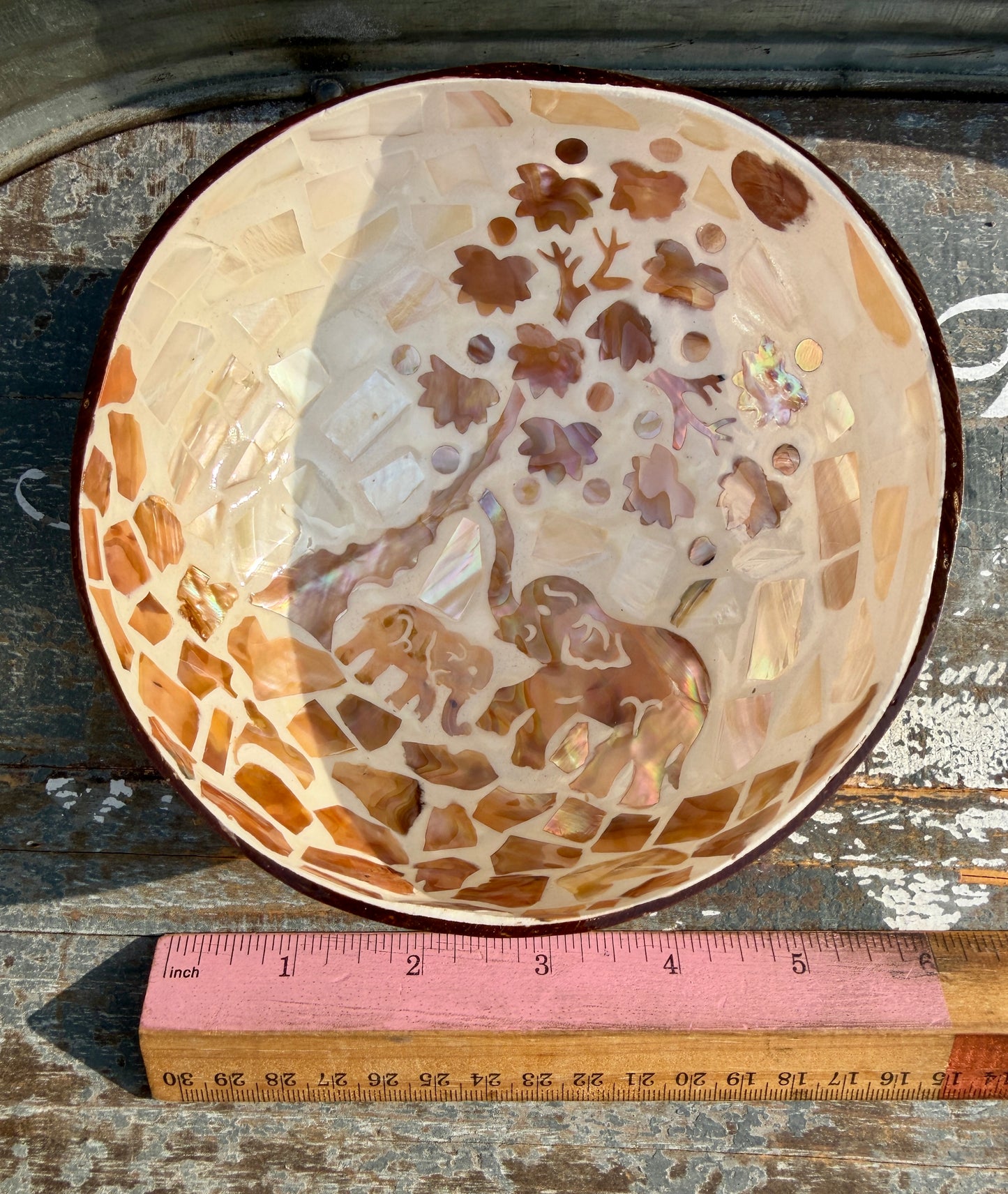 Gorgeous Elephant Mosaic Coconut Bowl with Shell Inlay | 6"