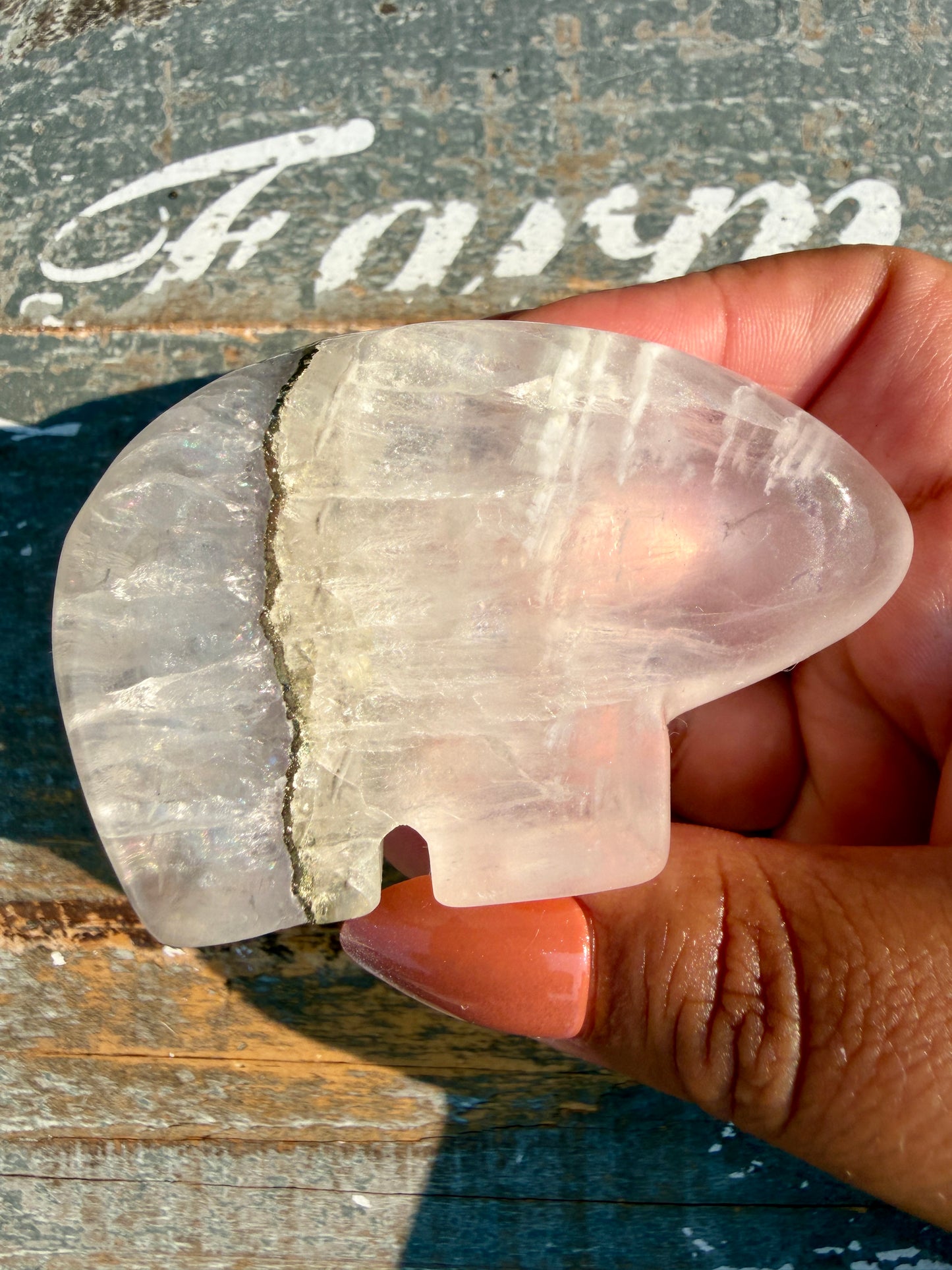 Gorgeous Clear Fluorite with Pyrite Hand Carved Bear | Opt 15