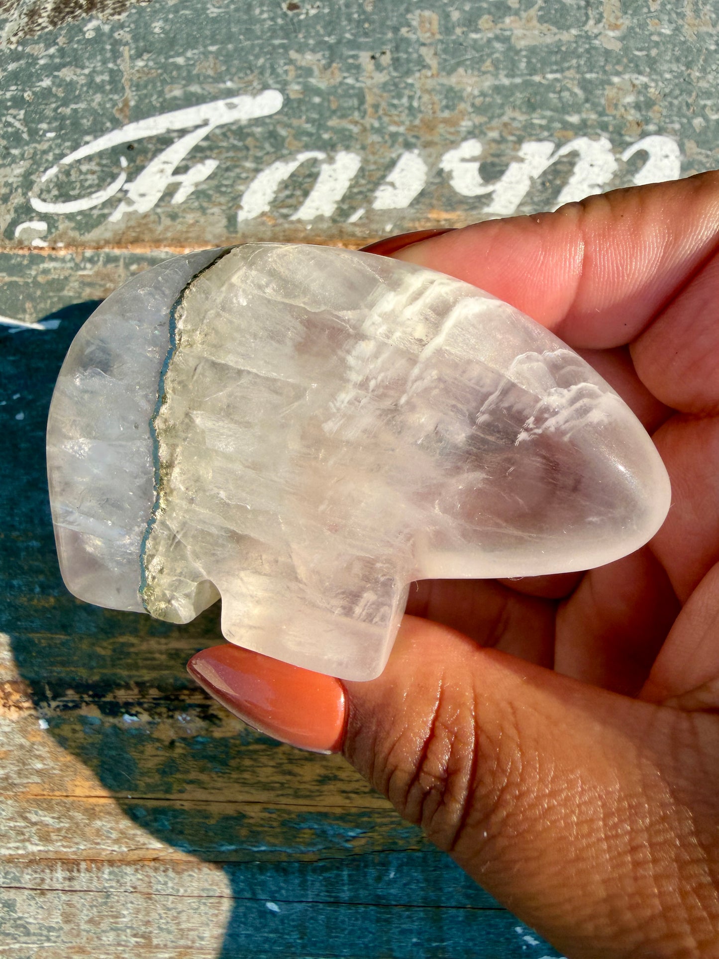 Gorgeous Clear Fluorite with Pyrite Hand Carved Bear | Opt 15