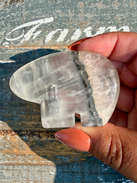 Gorgeous Clear Fluorite with Pyrite Hand Carved Bear | Opt 14