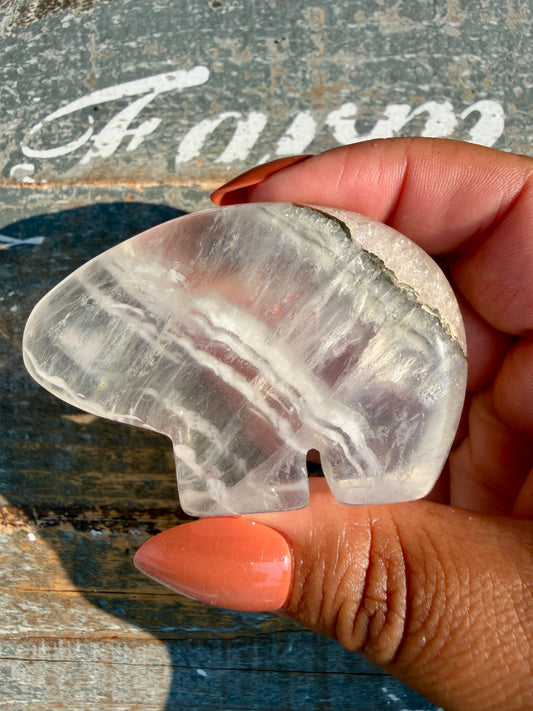 Gorgeous Clear Fluorite with Pyrite Hand Carved Bear | Opt 4