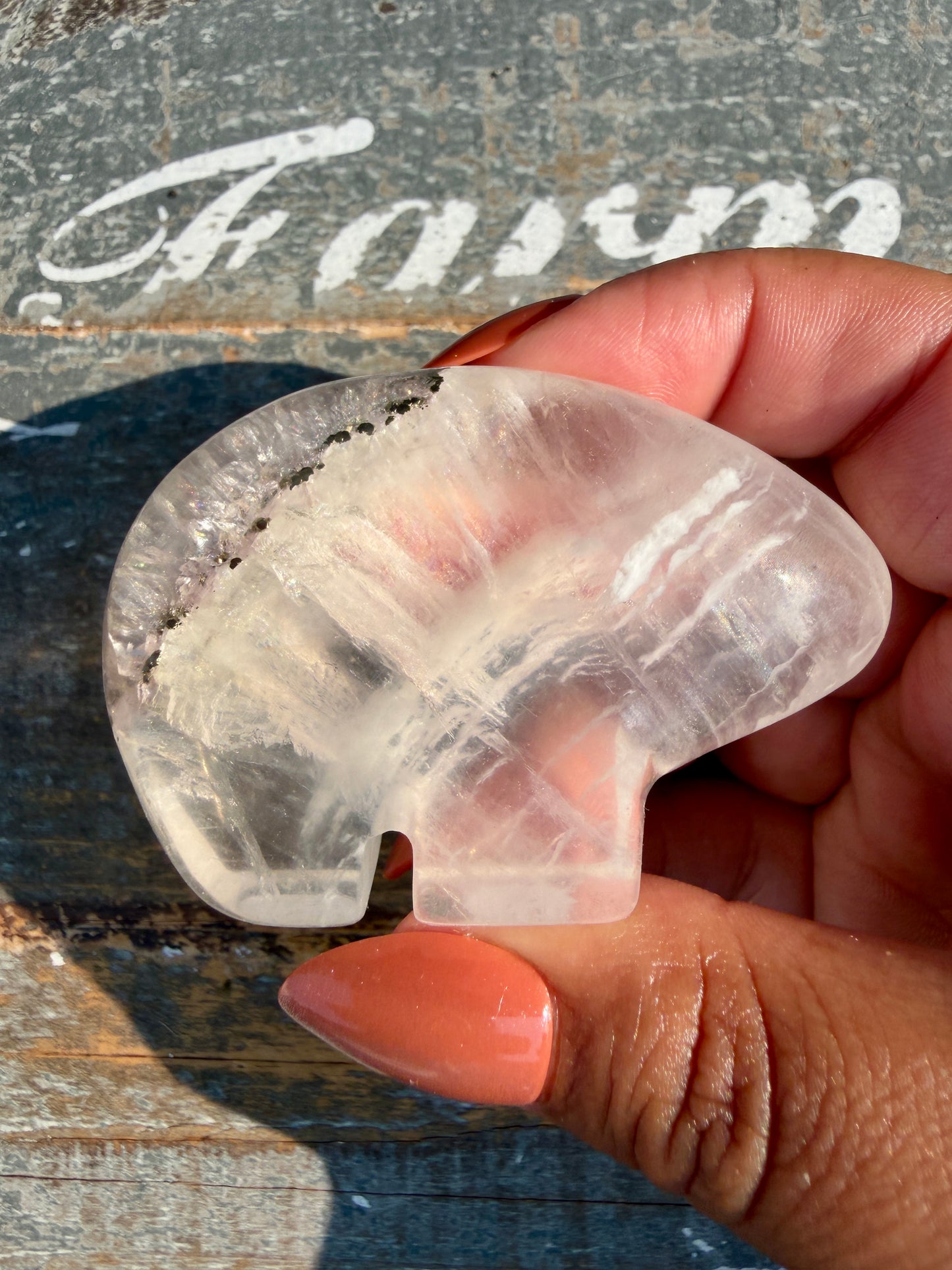 Gorgeous Clear Fluorite with Pyrite Hand Carved Bear | Opt 4