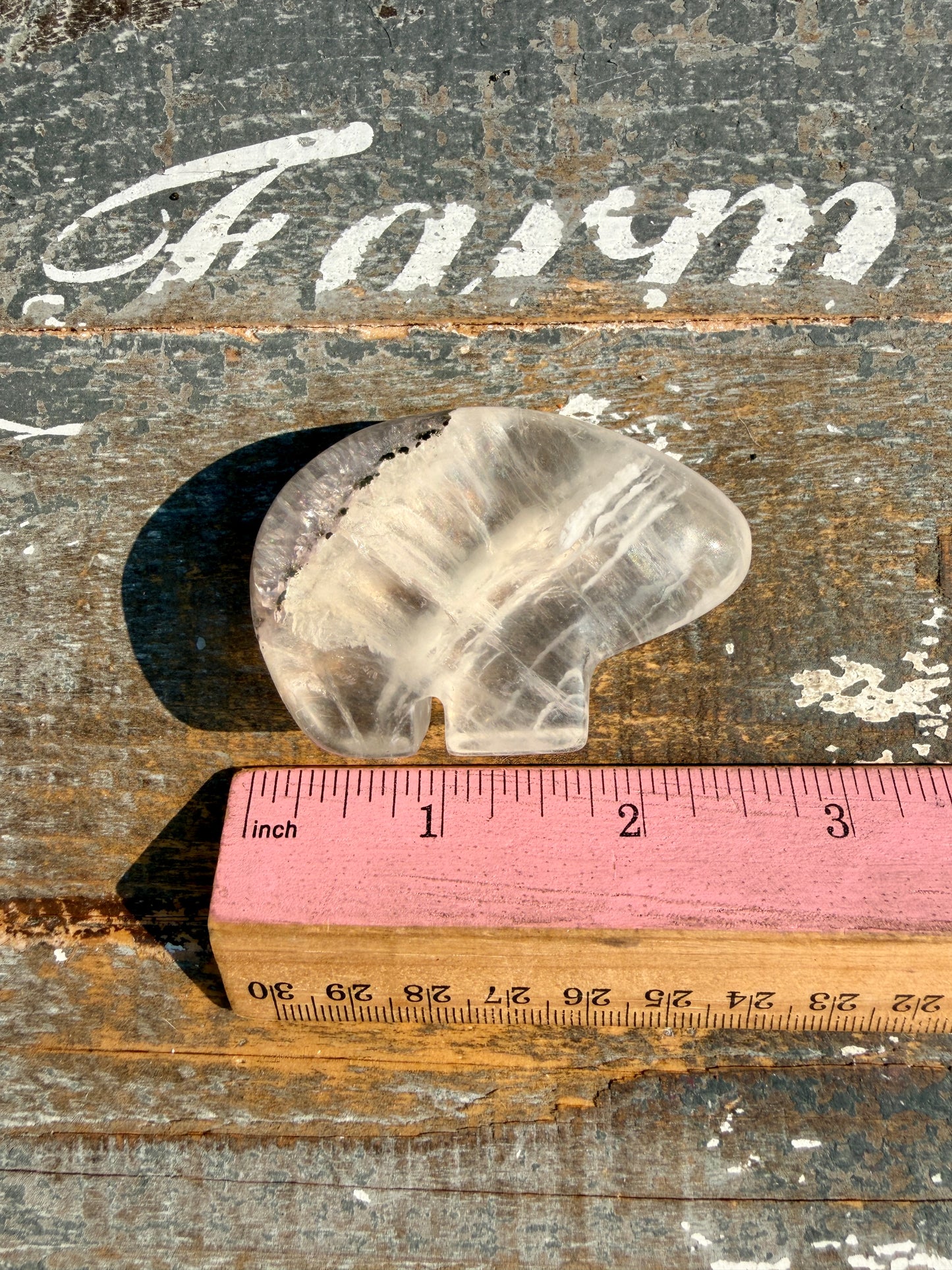 Gorgeous Clear Fluorite with Pyrite Hand Carved Bear | Opt 4