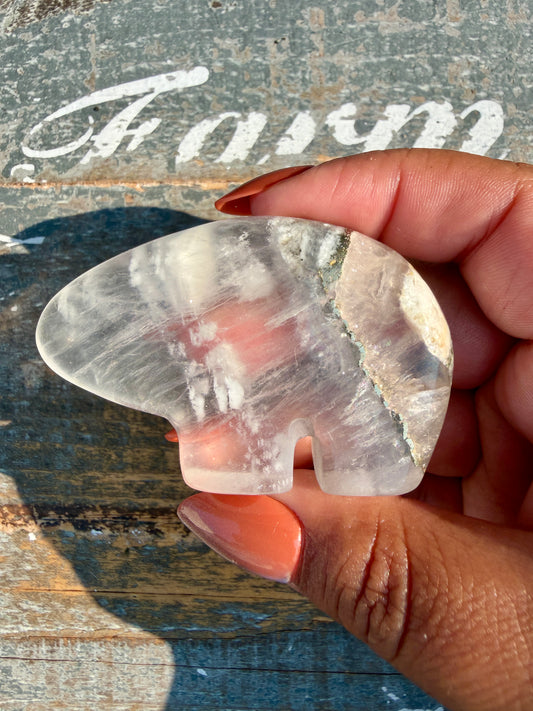 Gorgeous Clear Fluorite with Pyrite Hand Carved Bear | Opt 5