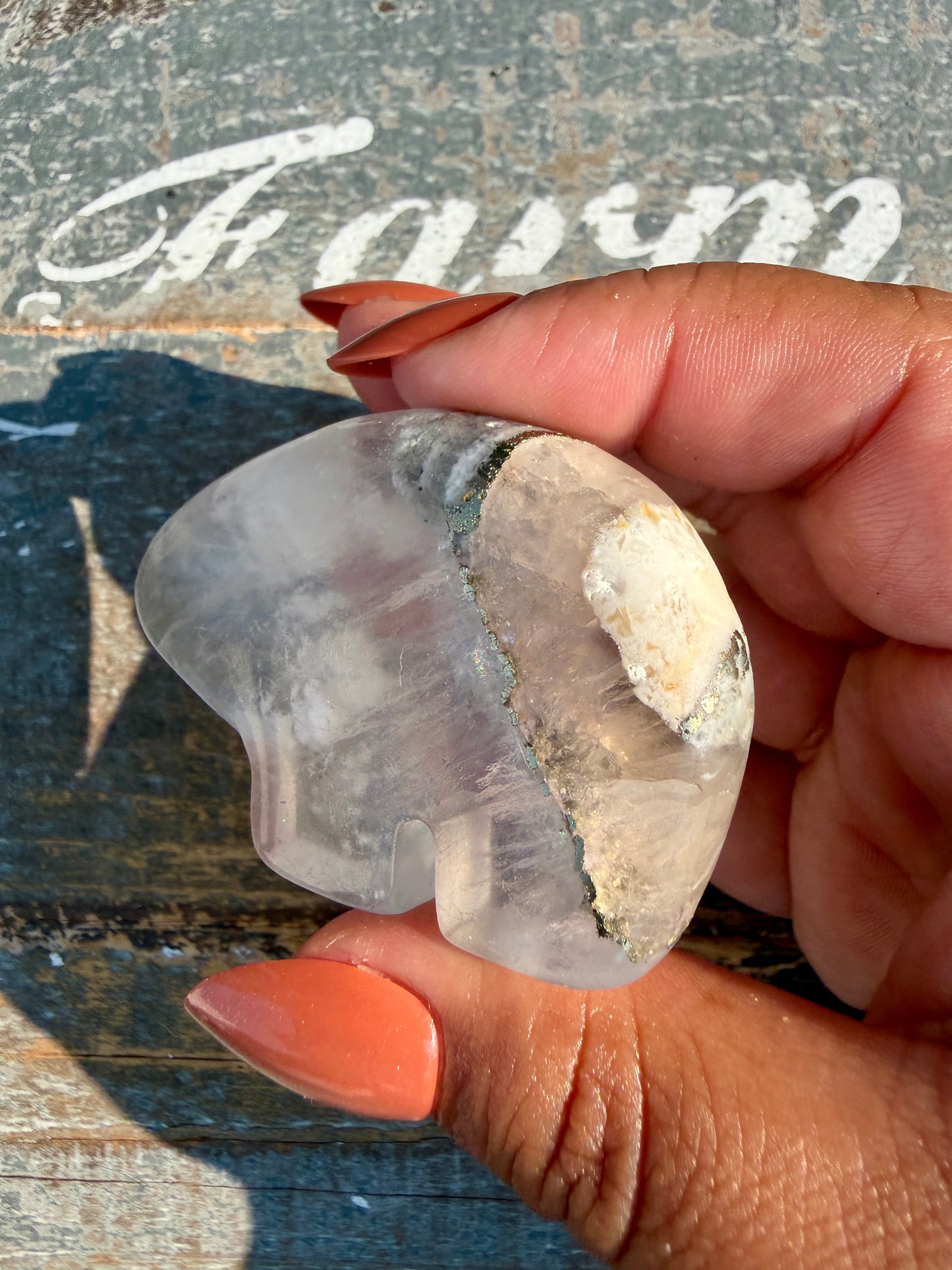 Gorgeous Clear Fluorite with Pyrite Hand Carved Bear | Opt 5