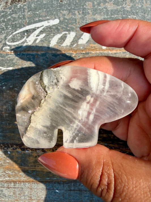 Gorgeous Clear Fluorite with Pyrite Hand Carved Bear | Opt 5