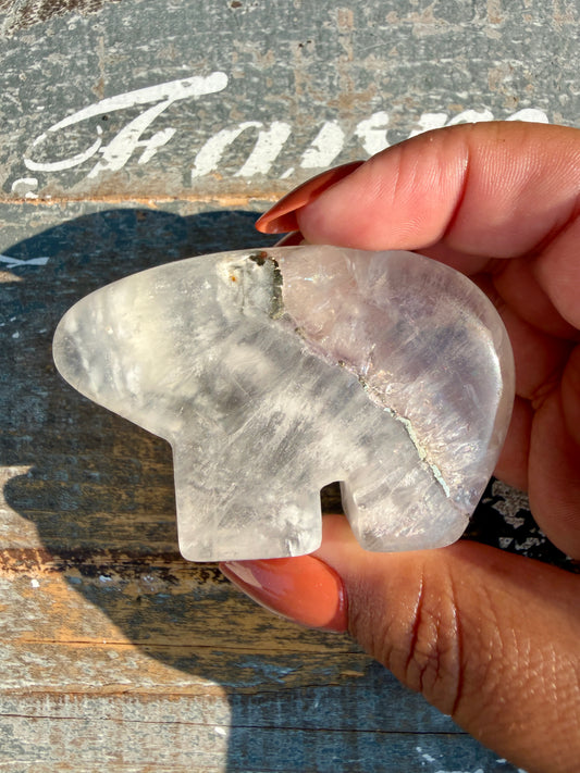 Gorgeous Clear Fluorite with Pyrite Hand Carved Bear | Opt 13