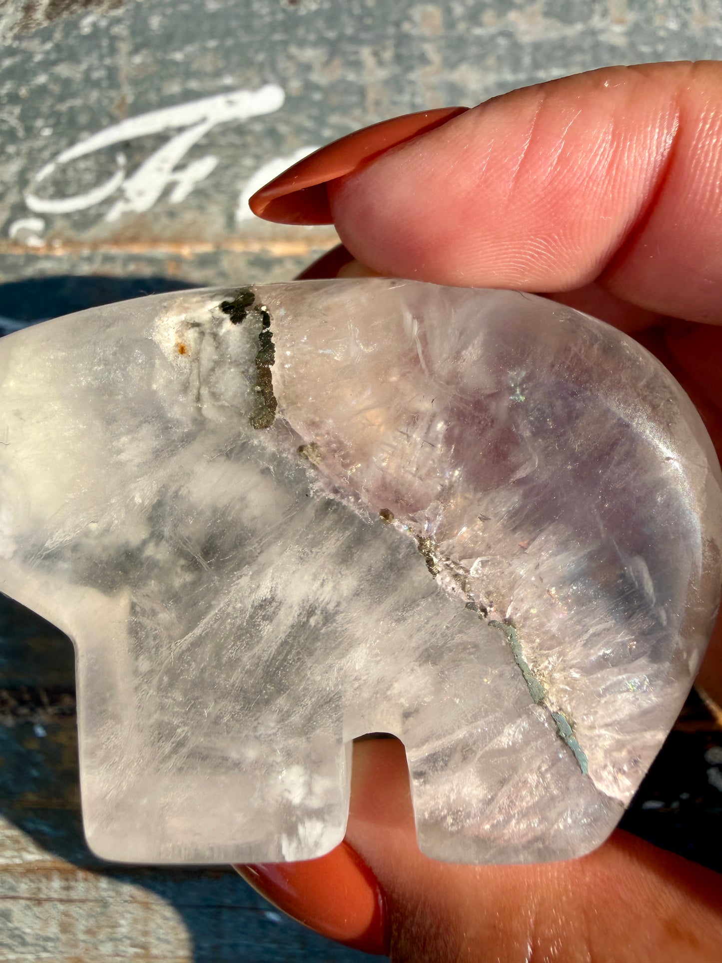 Gorgeous Clear Fluorite with Pyrite Hand Carved Bear | Opt 13
