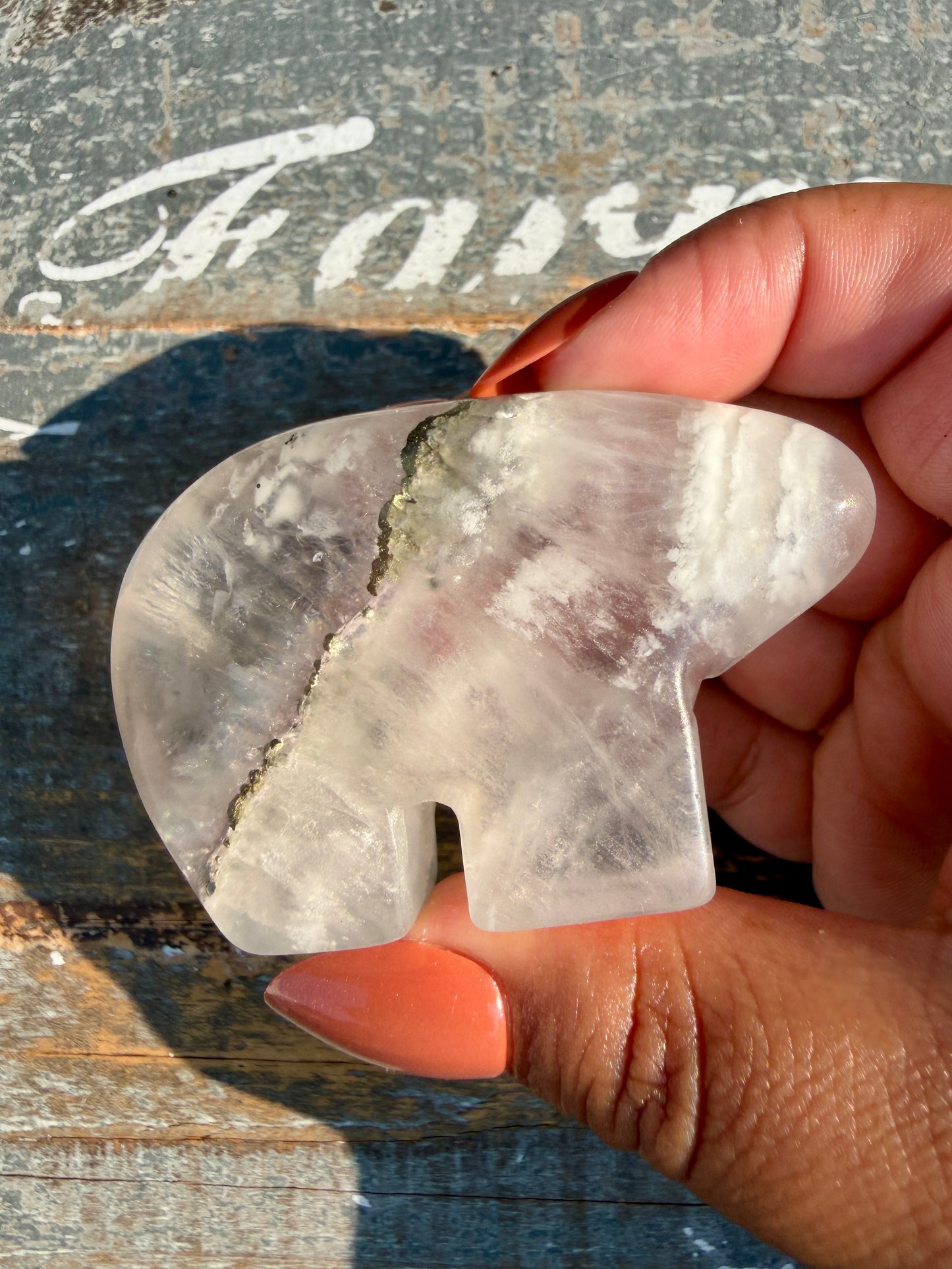 Gorgeous Clear Fluorite with Pyrite Hand Carved Bear | Opt 13