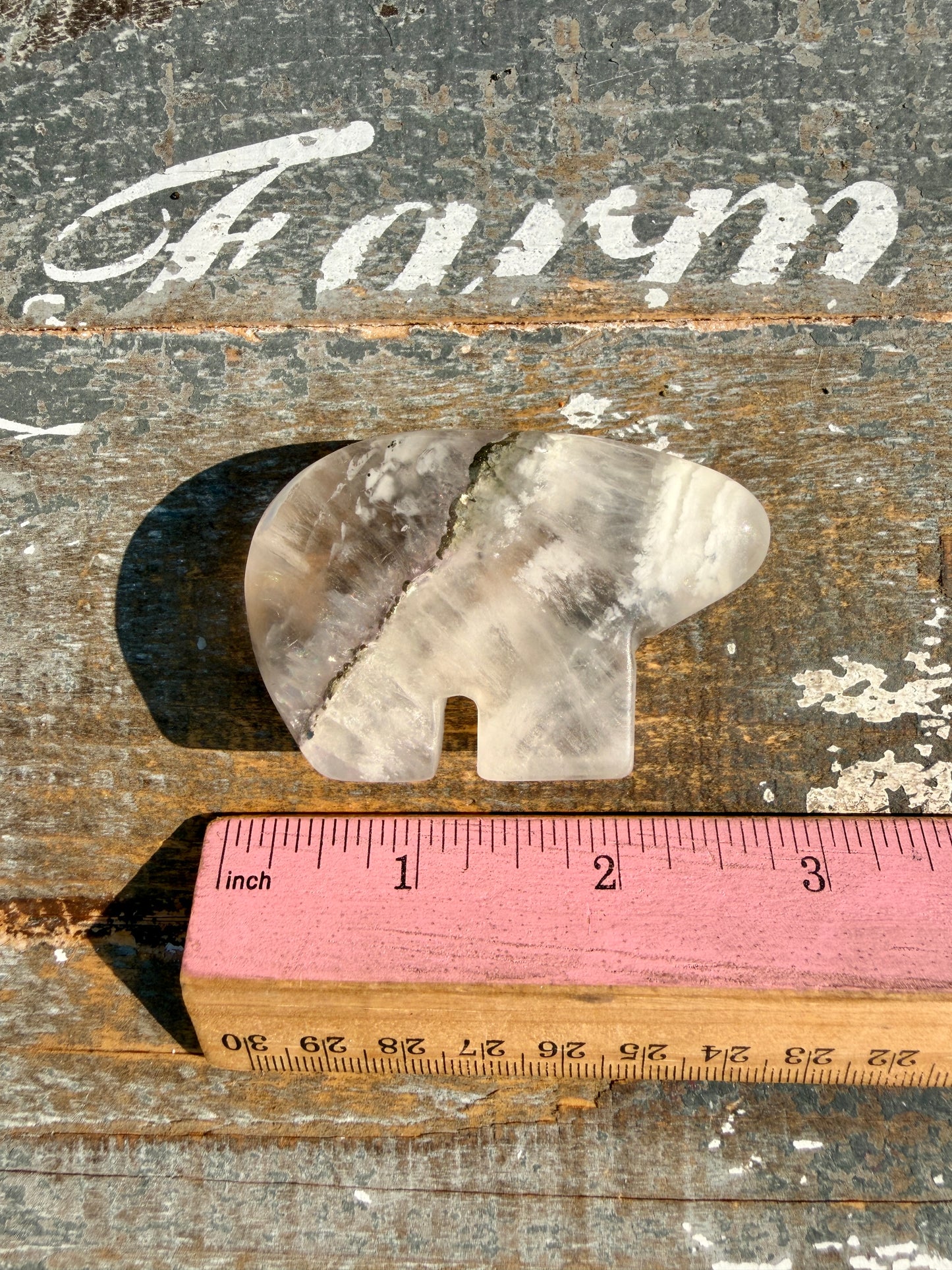Gorgeous Clear Fluorite with Pyrite Hand Carved Bear | Opt 13