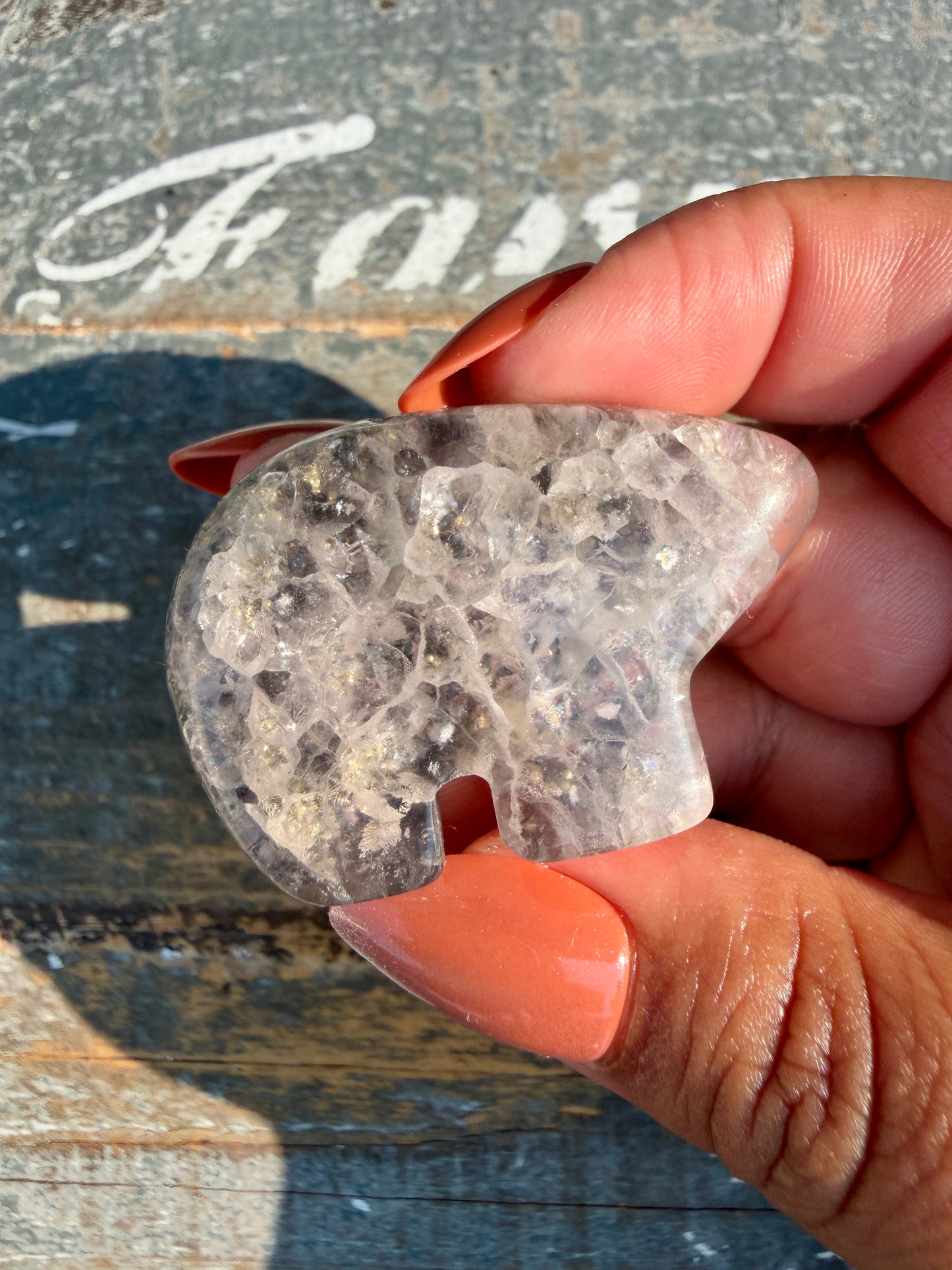 Gorgeous Clear Fluorite with Pyrite Hand Carved Bear | Opt 1