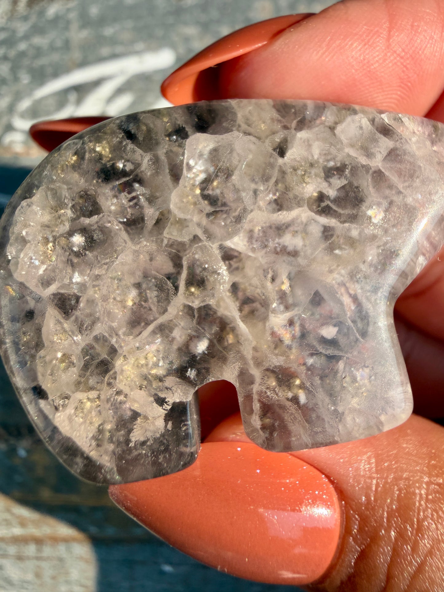Gorgeous Clear Fluorite with Pyrite Hand Carved Bear | Opt 1
