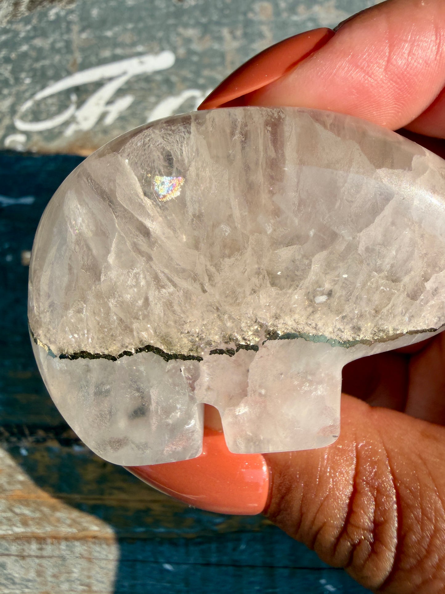 Gorgeous Clear Fluorite with Pyrite Hand Carved Bear | Opt 3