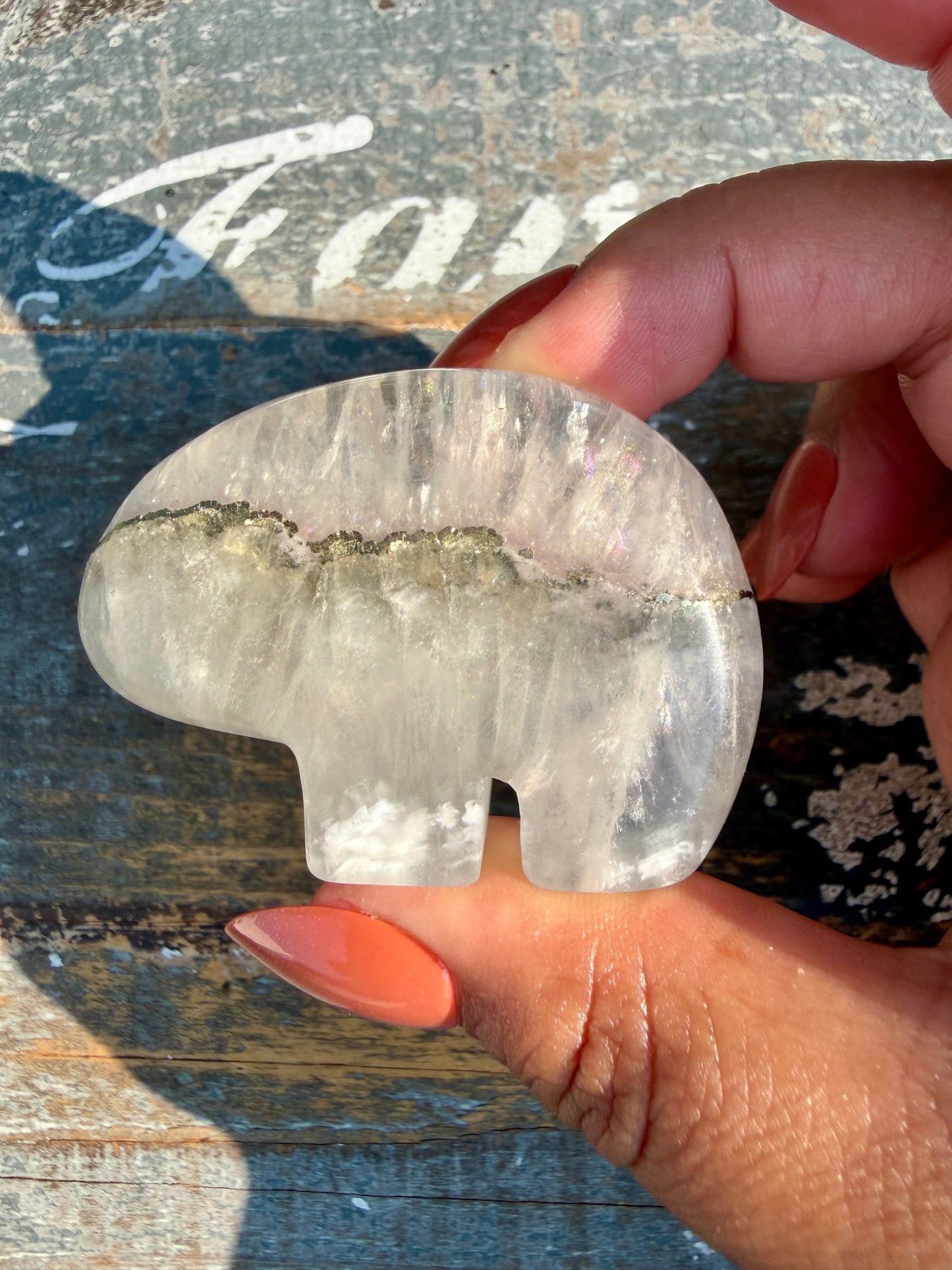 Gorgeous Clear Fluorite with Pyrite Hand Carved Bear | Opt 3