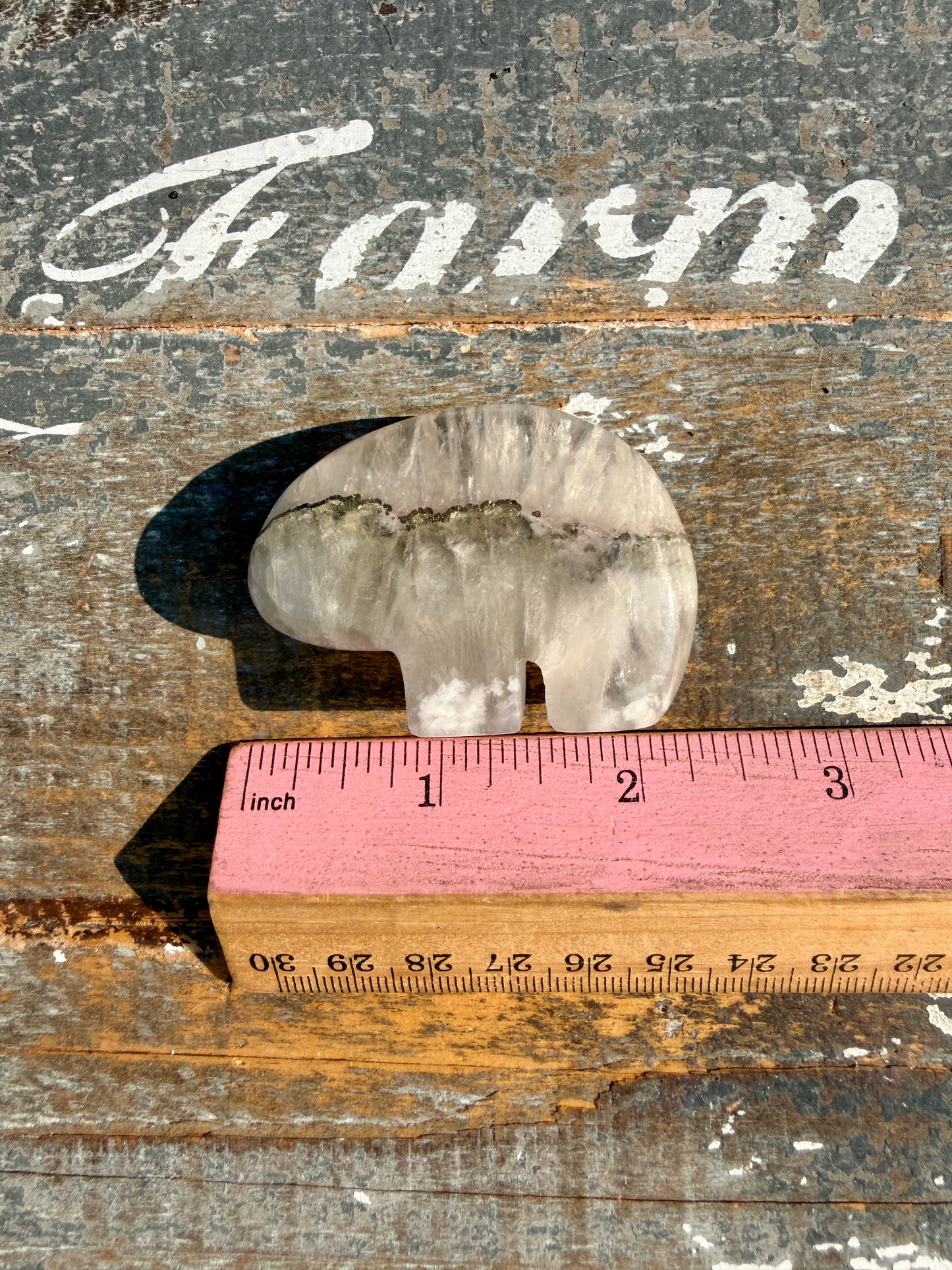 Gorgeous Clear Fluorite with Pyrite Hand Carved Bear | Opt 3