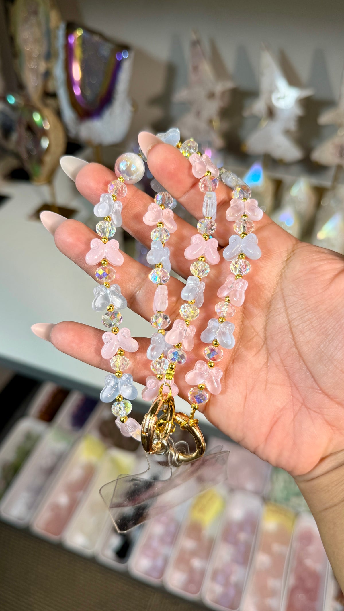 Dreamy Blue/Pink Butterfly Beaded Phone Wristlet | Fairycore Phone Charm