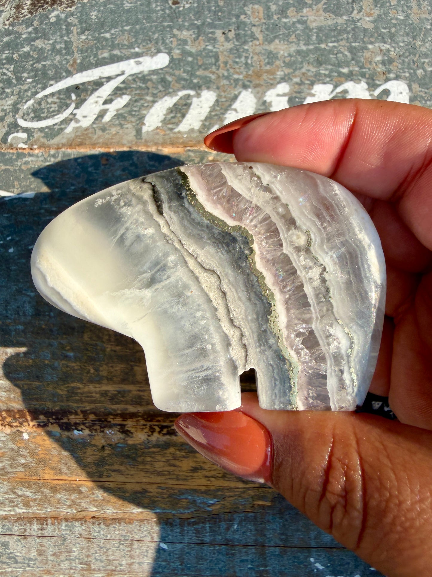 Gorgeous Clear Fluorite with Pyrite Hand Carved Bear | Opt 12