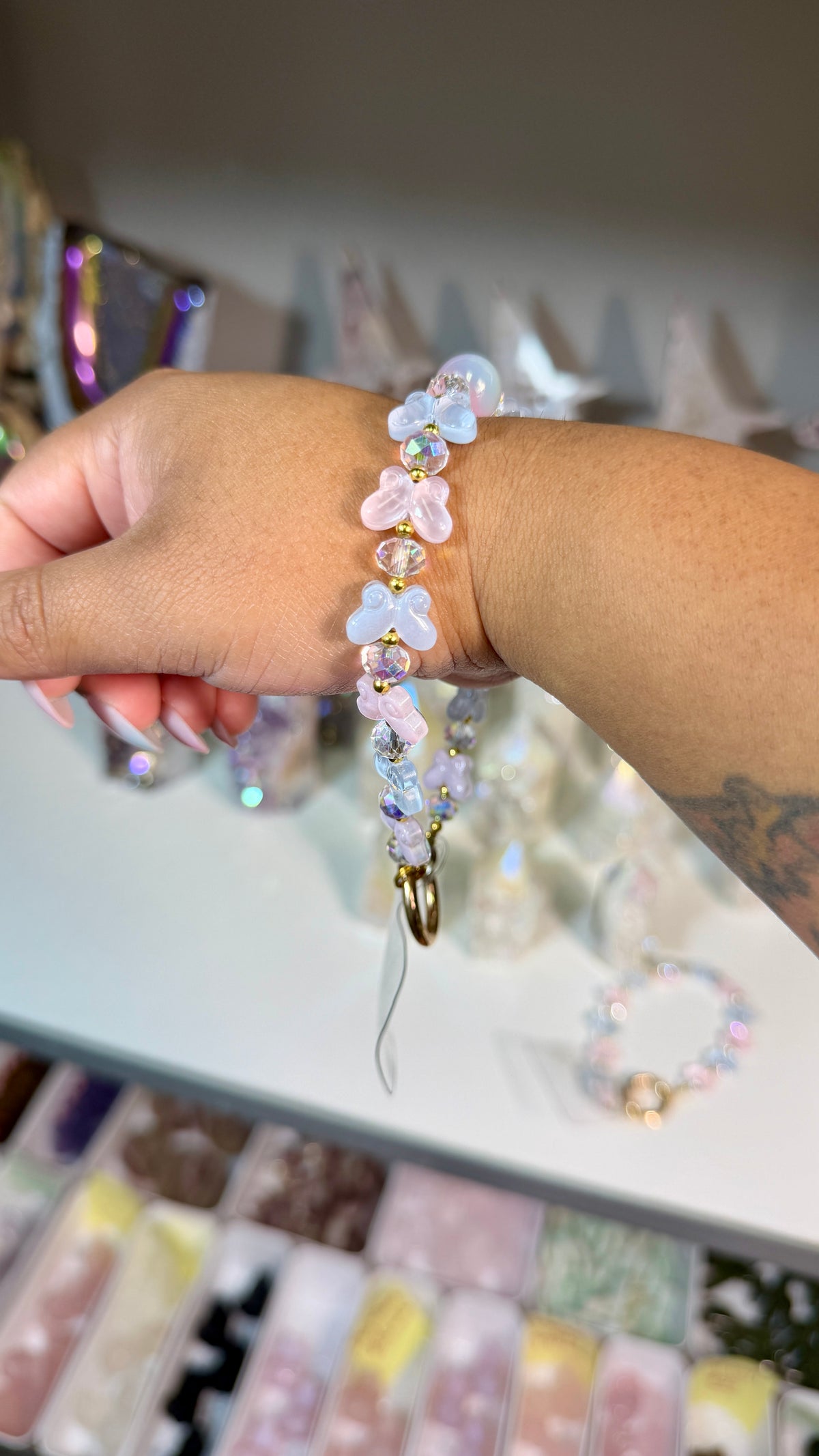 Dreamy Blue/Pink Butterfly Beaded Phone Wristlet | Fairycore Phone Charm