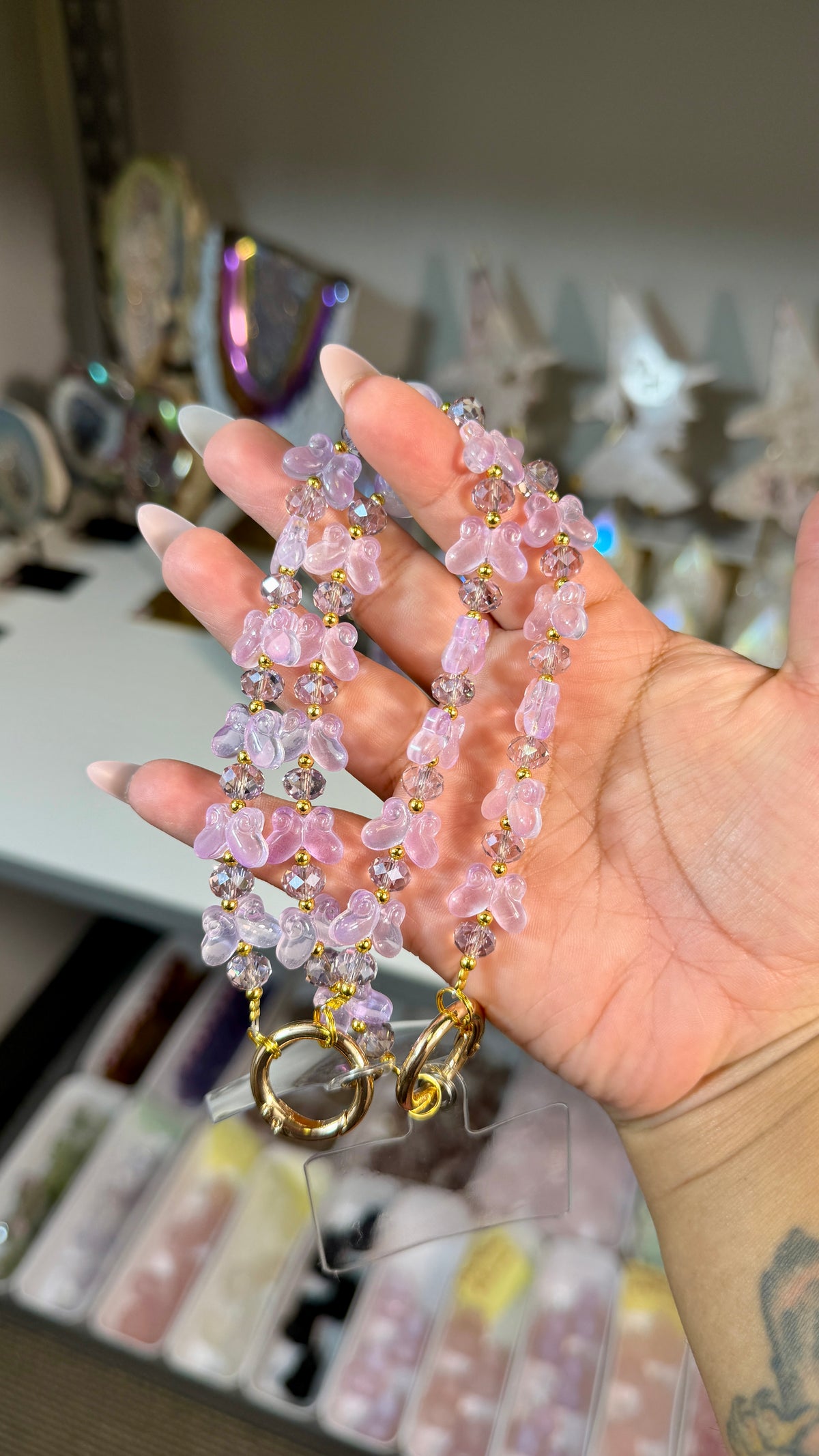 Dreamy Pink Butterfly Beaded Phone Wristlet | Fairycore Phone Charm