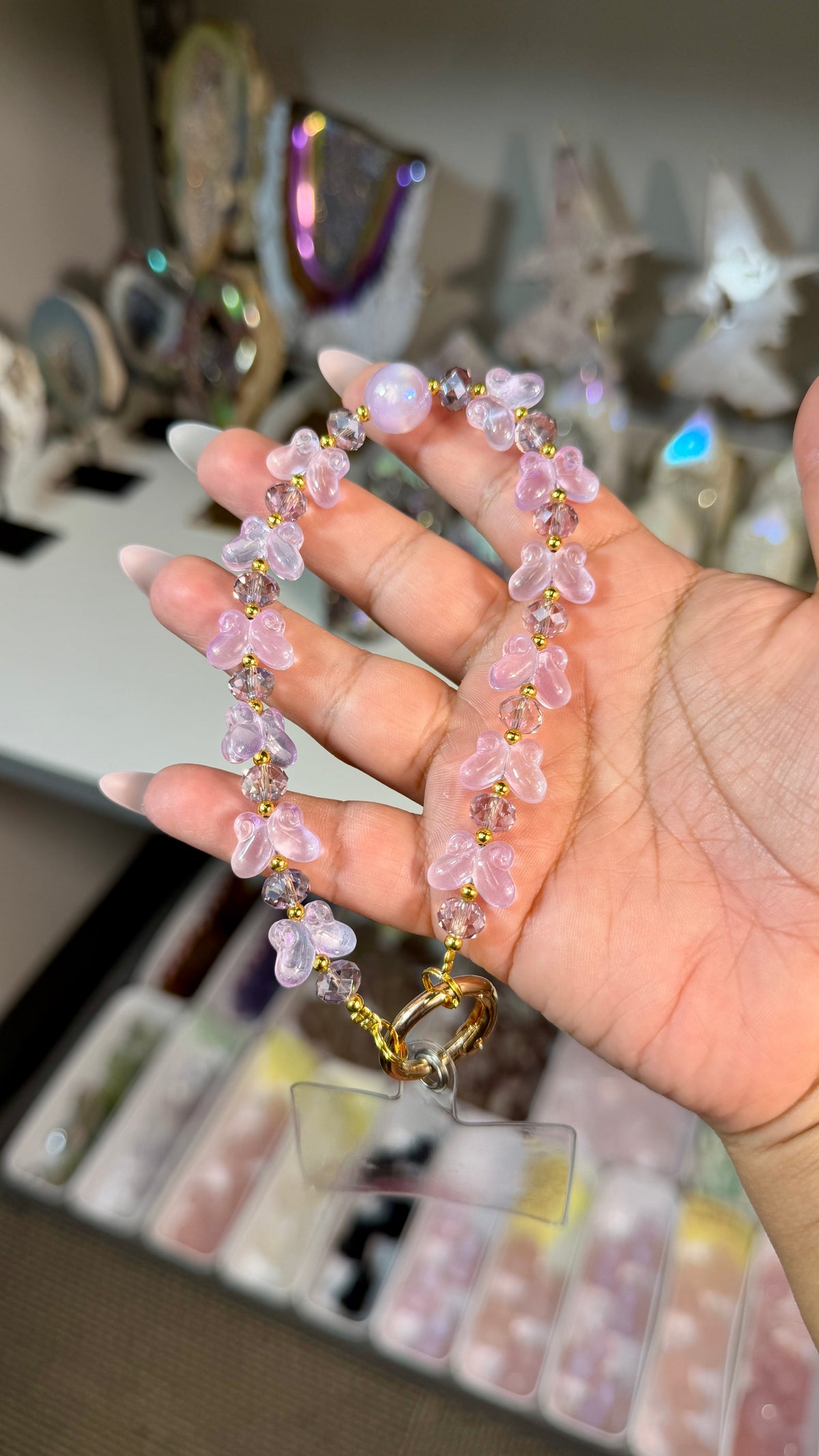 Dreamy Pink Butterfly Beaded Phone Wristlet | Fairycore Phone Charm