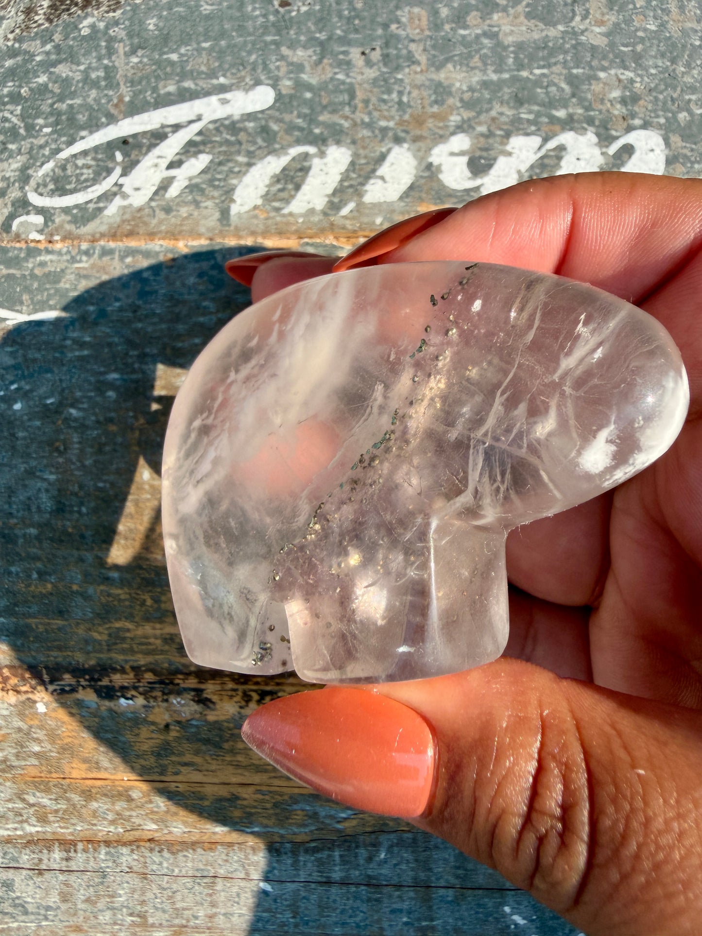 Gorgeous Clear Fluorite with Pyrite Hand Carved Bear | Opt 11