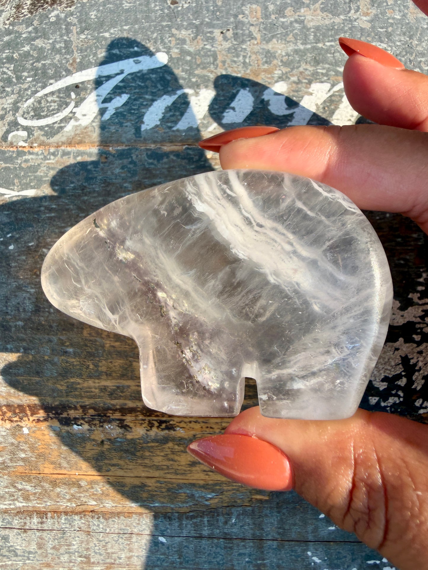 Gorgeous Clear Fluorite with Pyrite Hand Carved Bear | Opt 11