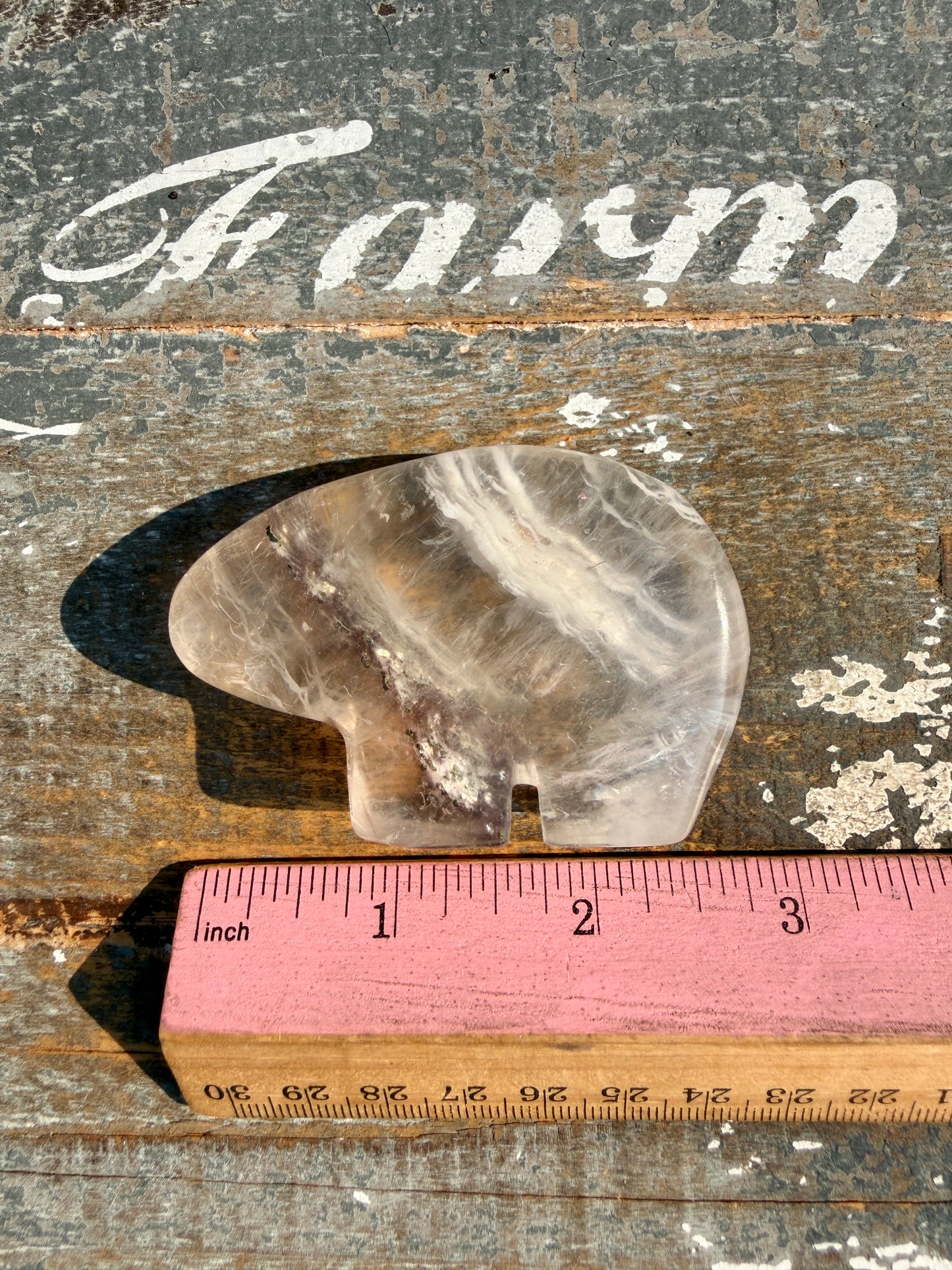 Gorgeous Clear Fluorite with Pyrite Hand Carved Bear | Opt 11