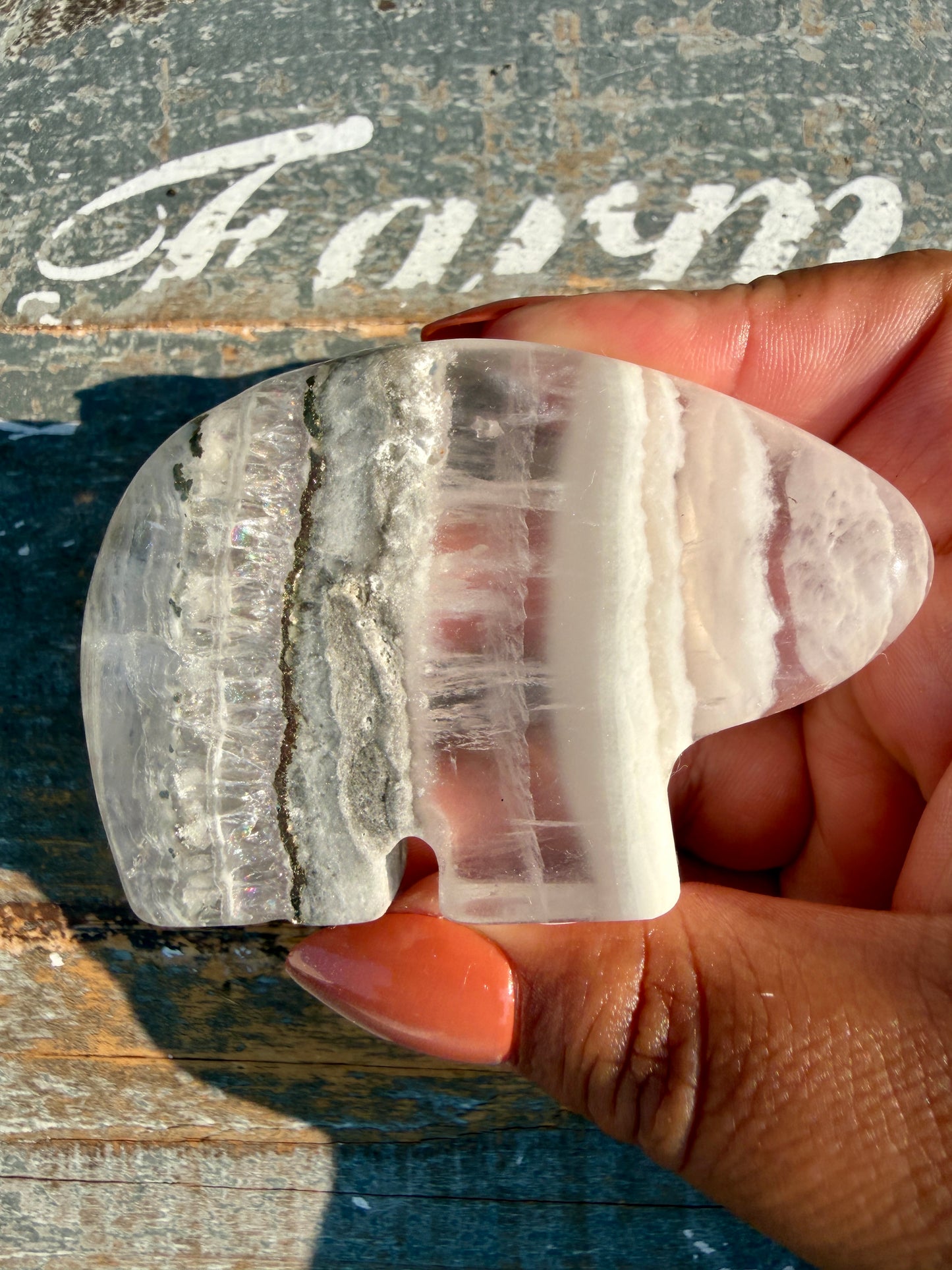 Gorgeous Clear Fluorite with Pyrite Hand Carved Bear | Opt 10