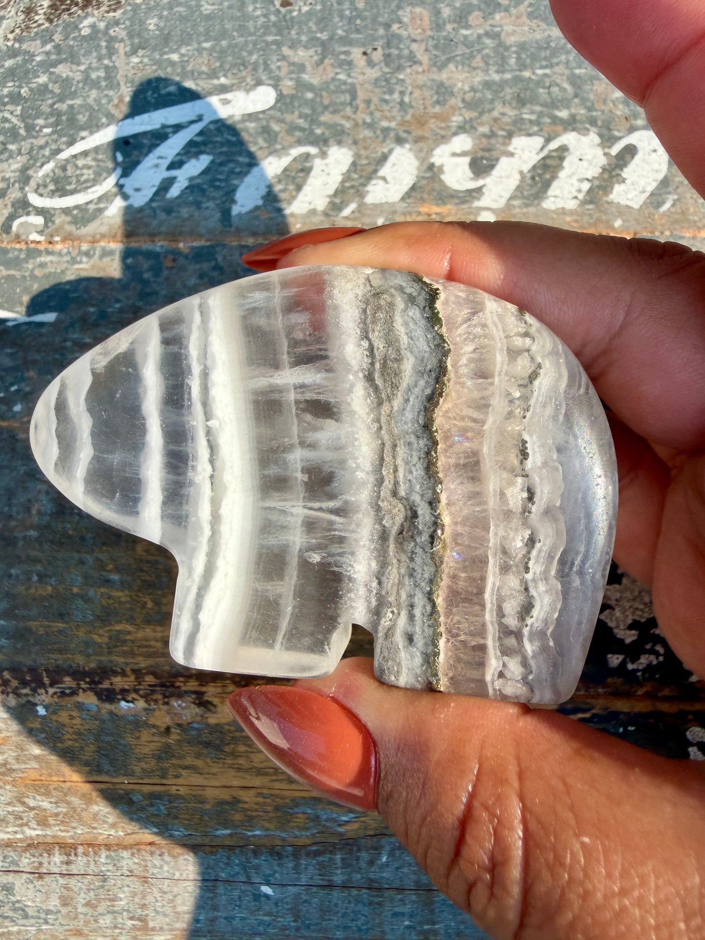 Gorgeous Clear Fluorite with Pyrite Hand Carved Bear | Opt 10
