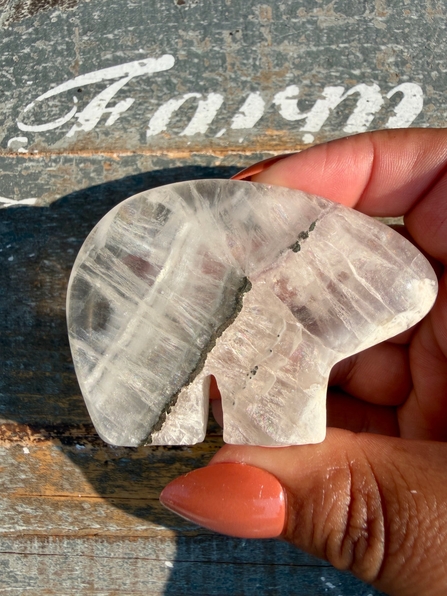 Gorgeous Clear Fluorite with Pyrite Hand Carved Bear | Opt 9
