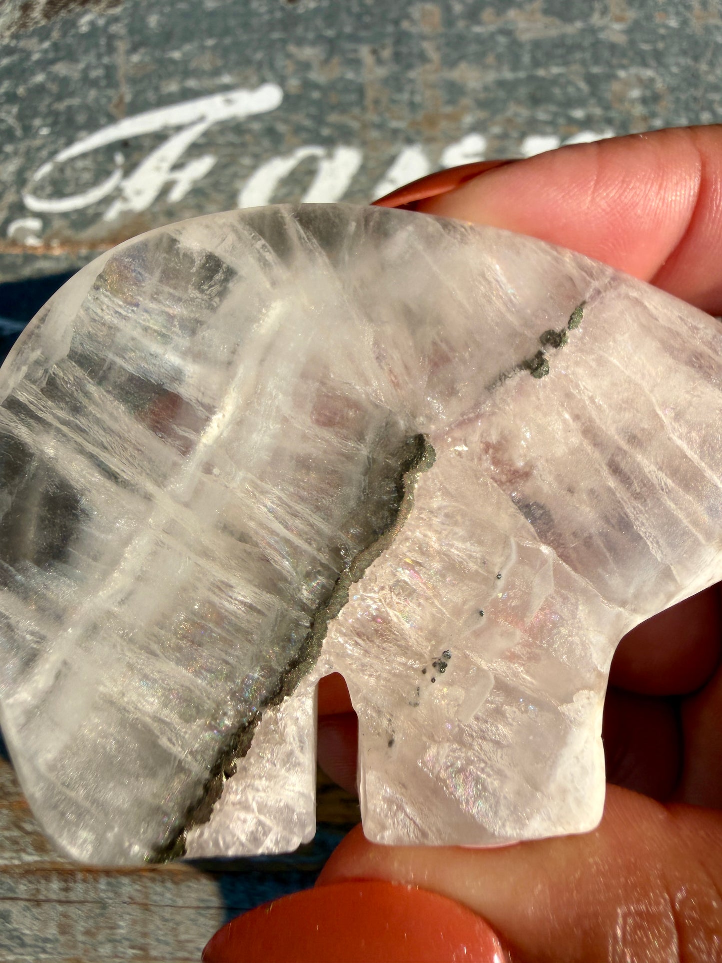 Gorgeous Clear Fluorite with Pyrite Hand Carved Bear | Opt 9