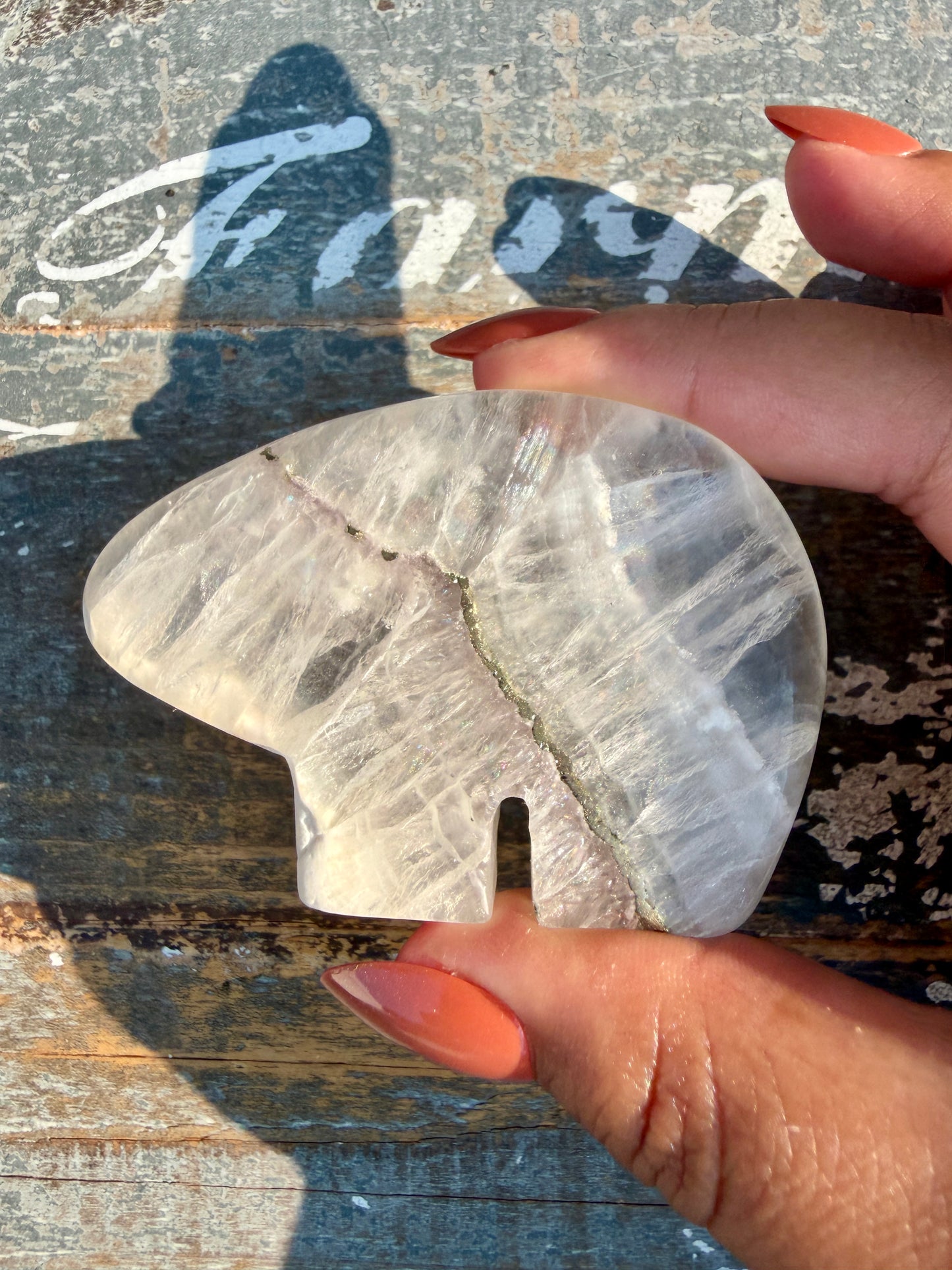 Gorgeous Clear Fluorite with Pyrite Hand Carved Bear | Opt 9