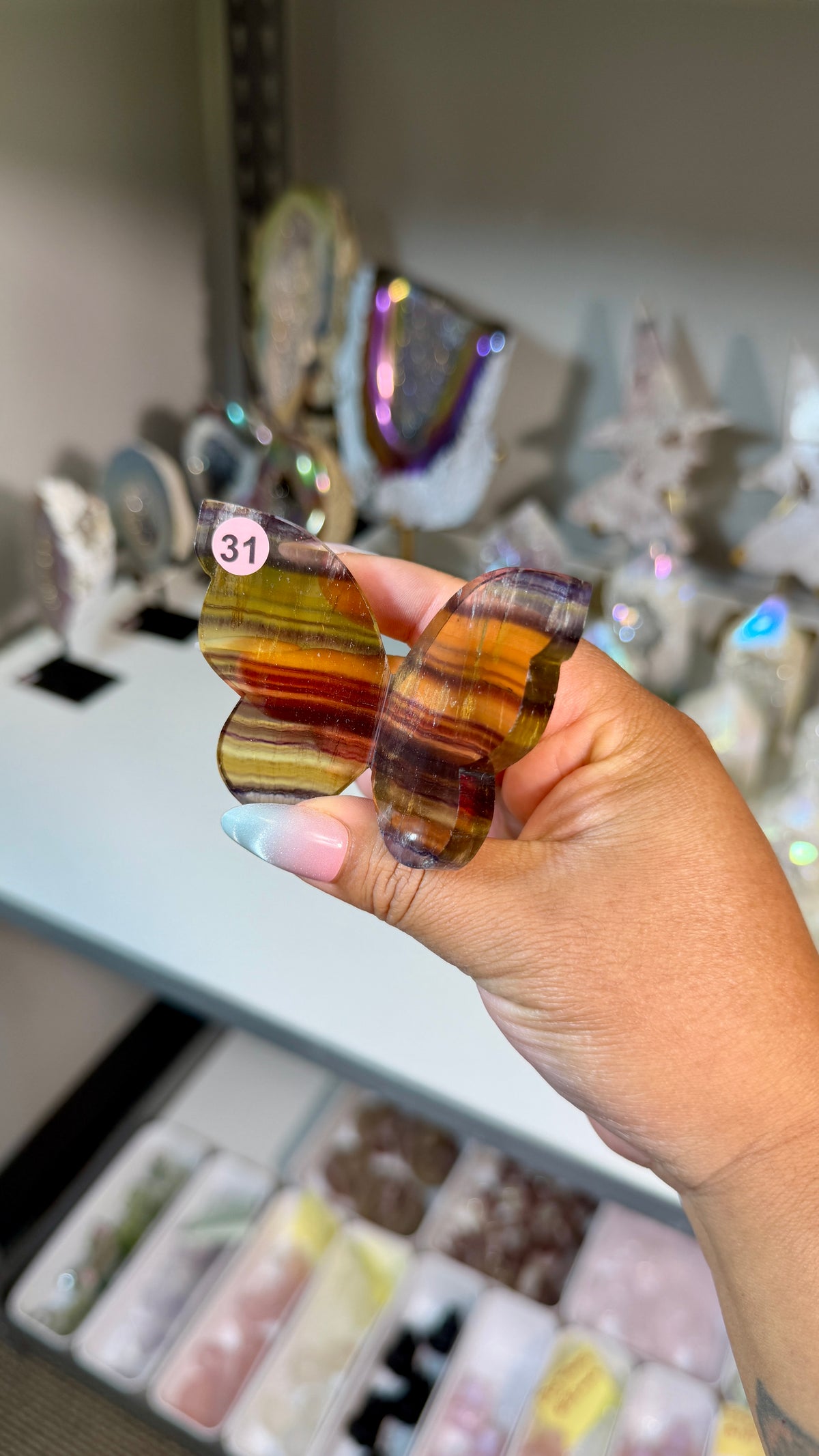 Gorgeous Yellow & Purple Banded Fluorite 3D Butterly | Hand Carved in India, Sourced in China | Opt 31