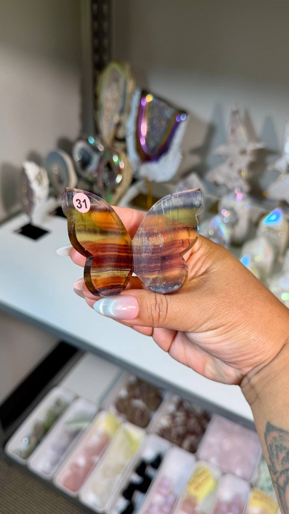 Gorgeous Yellow & Purple Banded Fluorite 3D Butterly | Hand Carved in India, Sourced in China | Opt 31