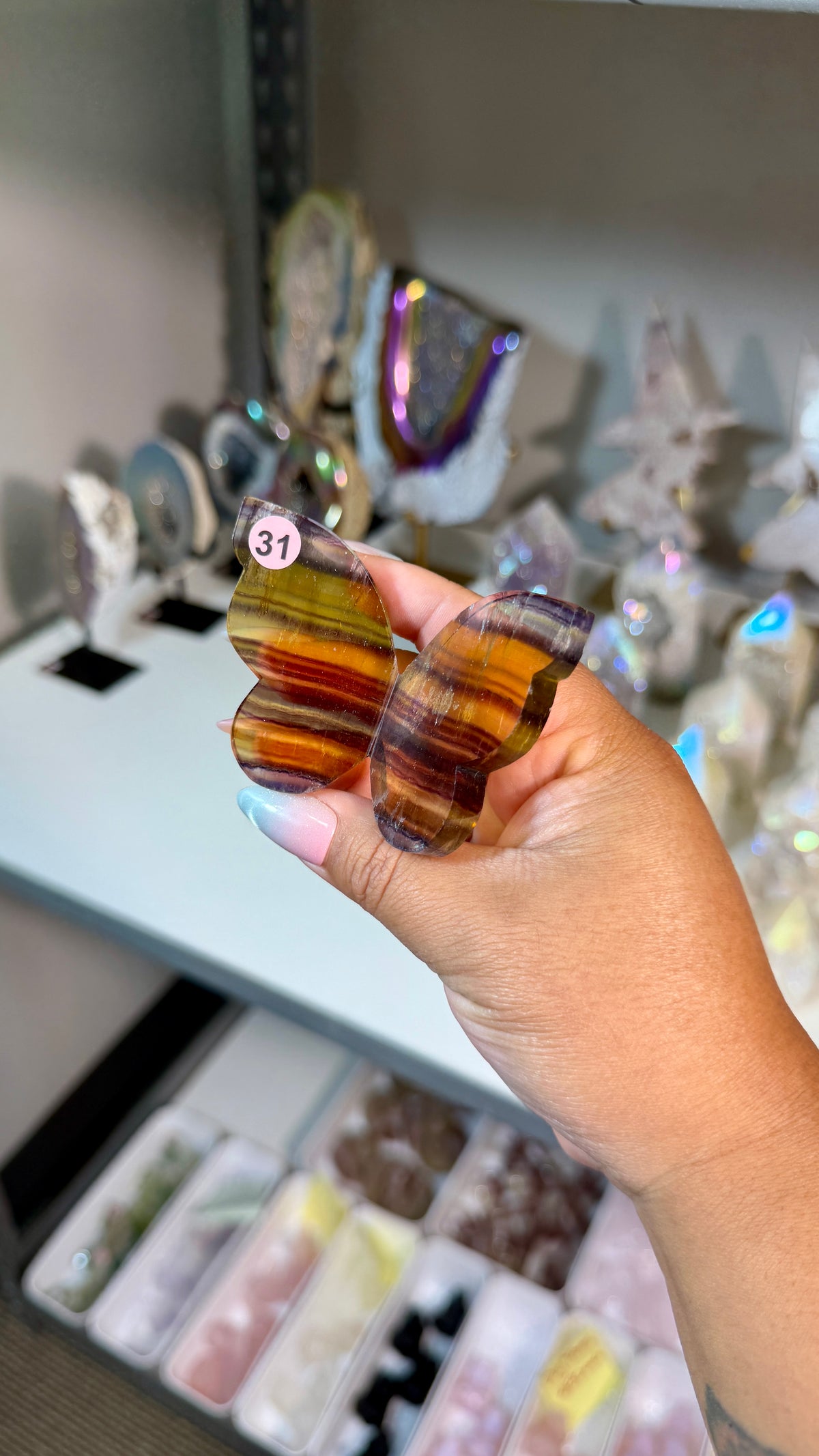 Gorgeous Yellow & Purple Banded Fluorite 3D Butterly | Hand Carved in India, Sourced in China | Opt 31