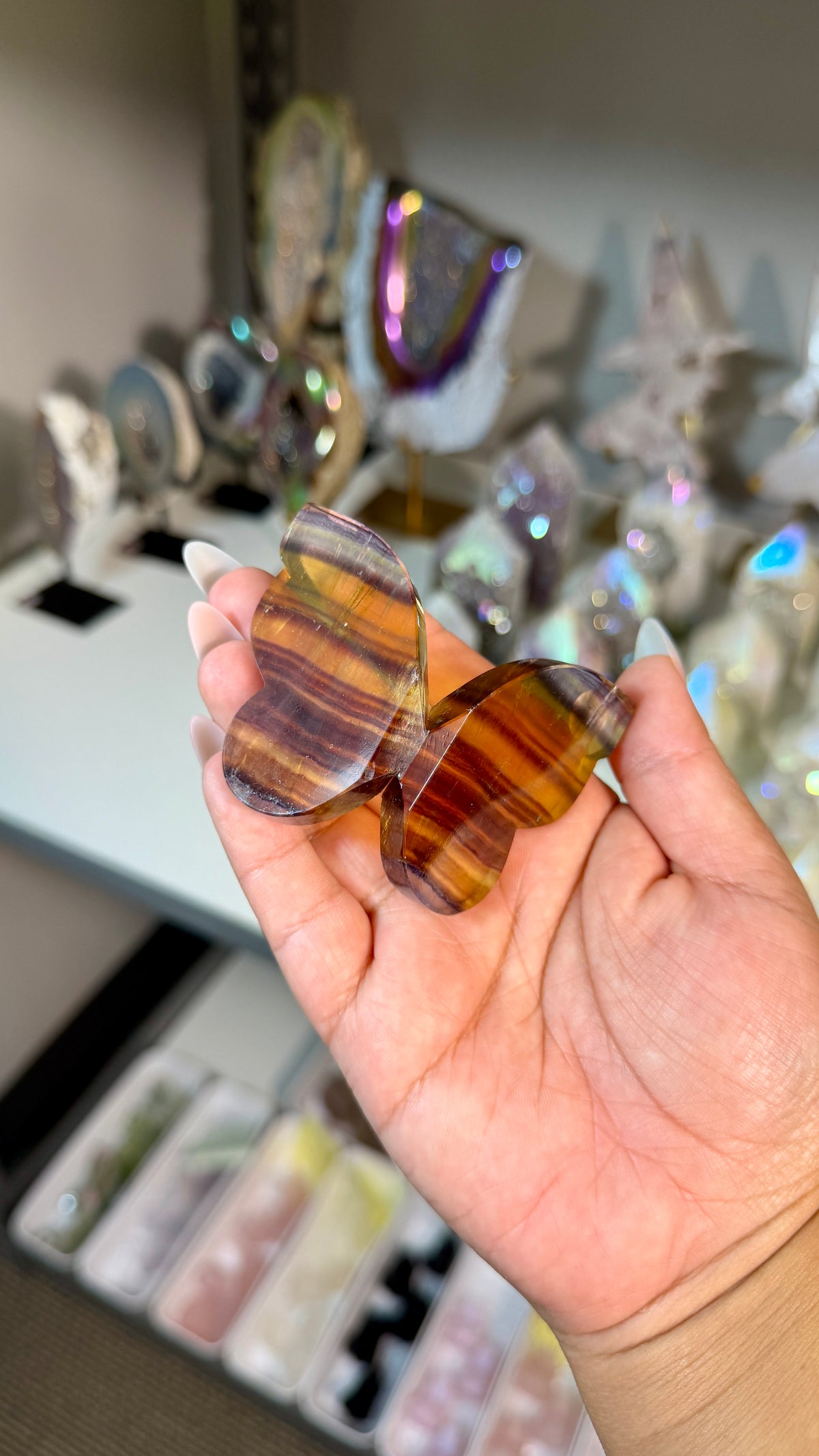 Gorgeous Yellow & Purple Banded Fluorite 3D Butterly | Hand Carved in India, Sourced in China | Opt 31