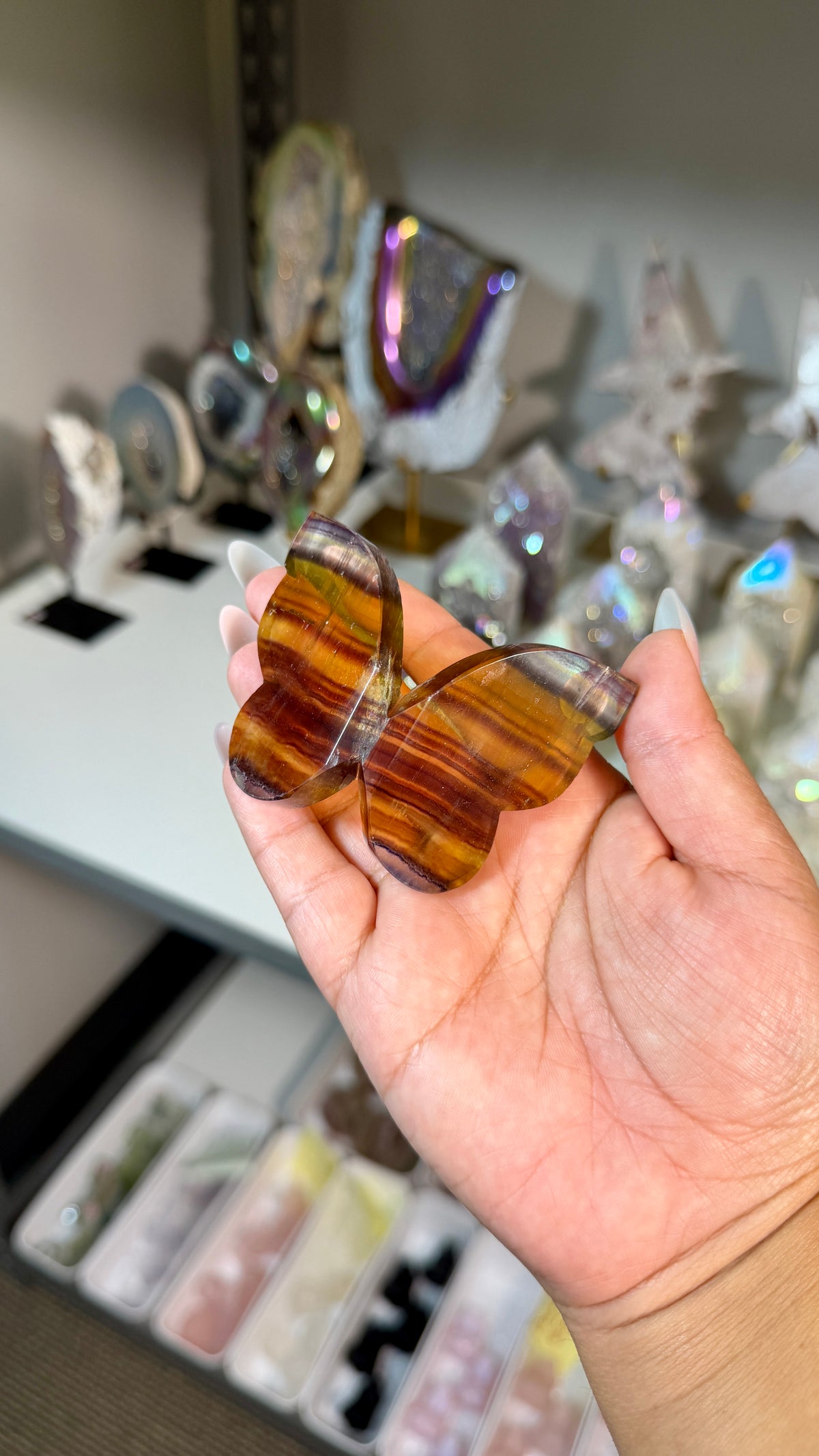 Gorgeous Yellow & Purple Banded Fluorite 3D Butterly | Hand Carved in India, Sourced in China | Opt 31