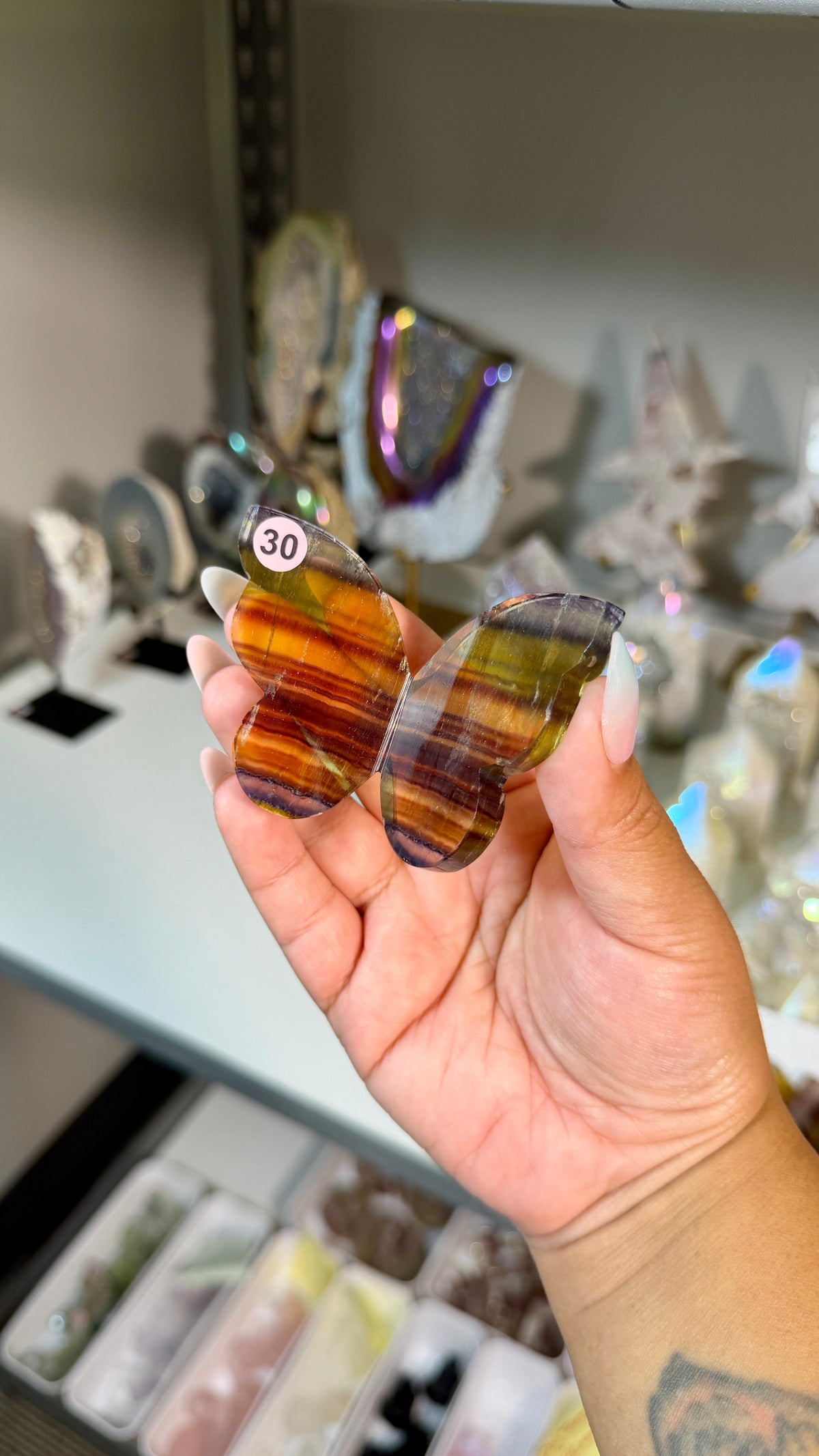 Gorgeous Yellow & Purple Banded Fluorite 3D Butterly | Hand Carved in India, Sourced in China | Opt 30
