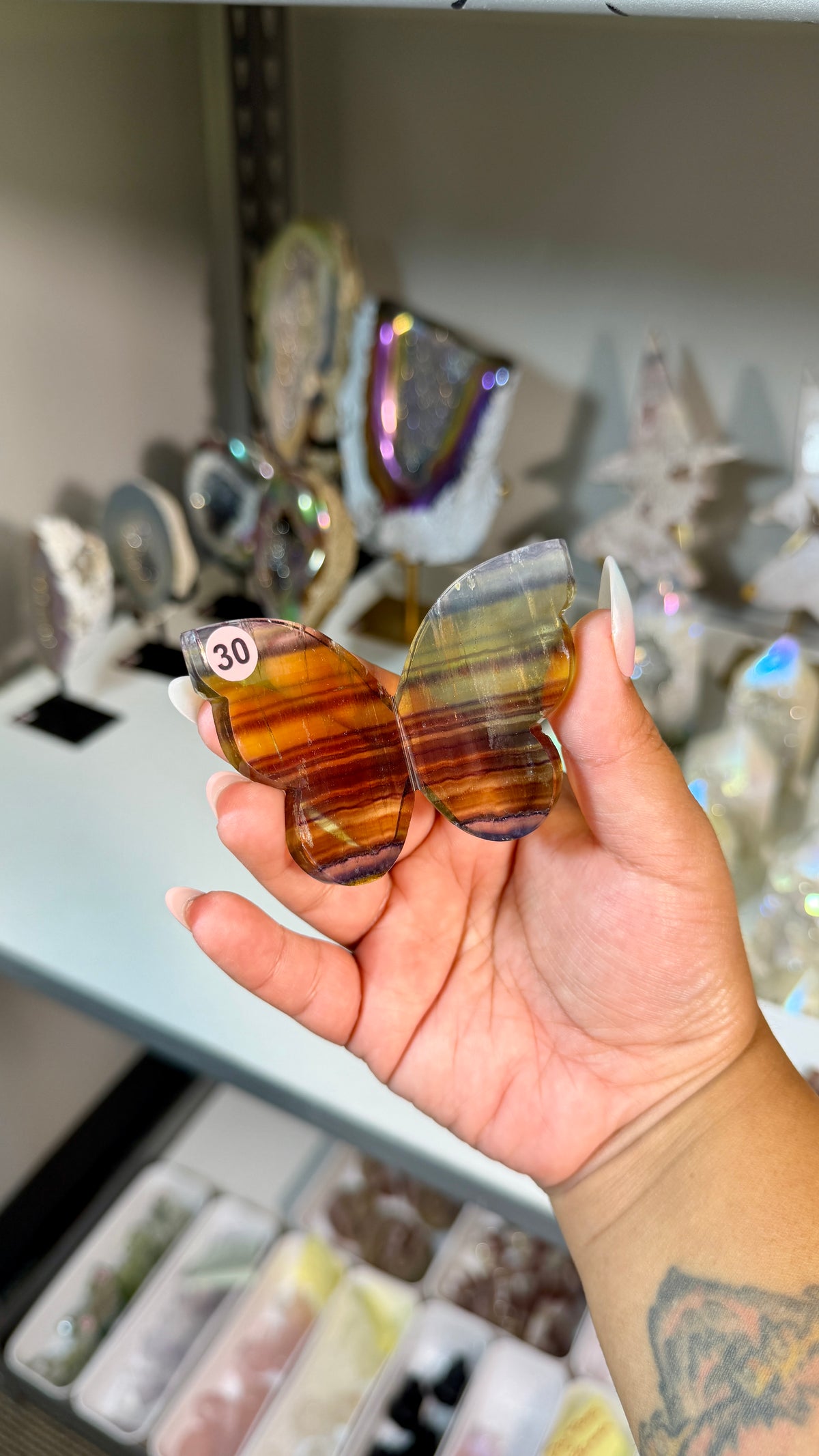 Gorgeous Yellow & Purple Banded Fluorite 3D Butterly | Hand Carved in India, Sourced in China | Opt 30