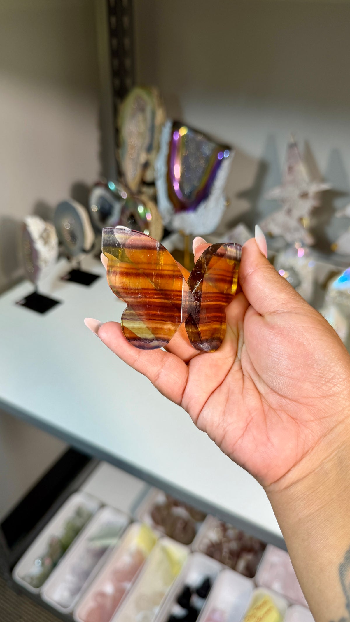 Gorgeous Yellow & Purple Banded Fluorite 3D Butterly | Hand Carved in India, Sourced in China | Opt 30