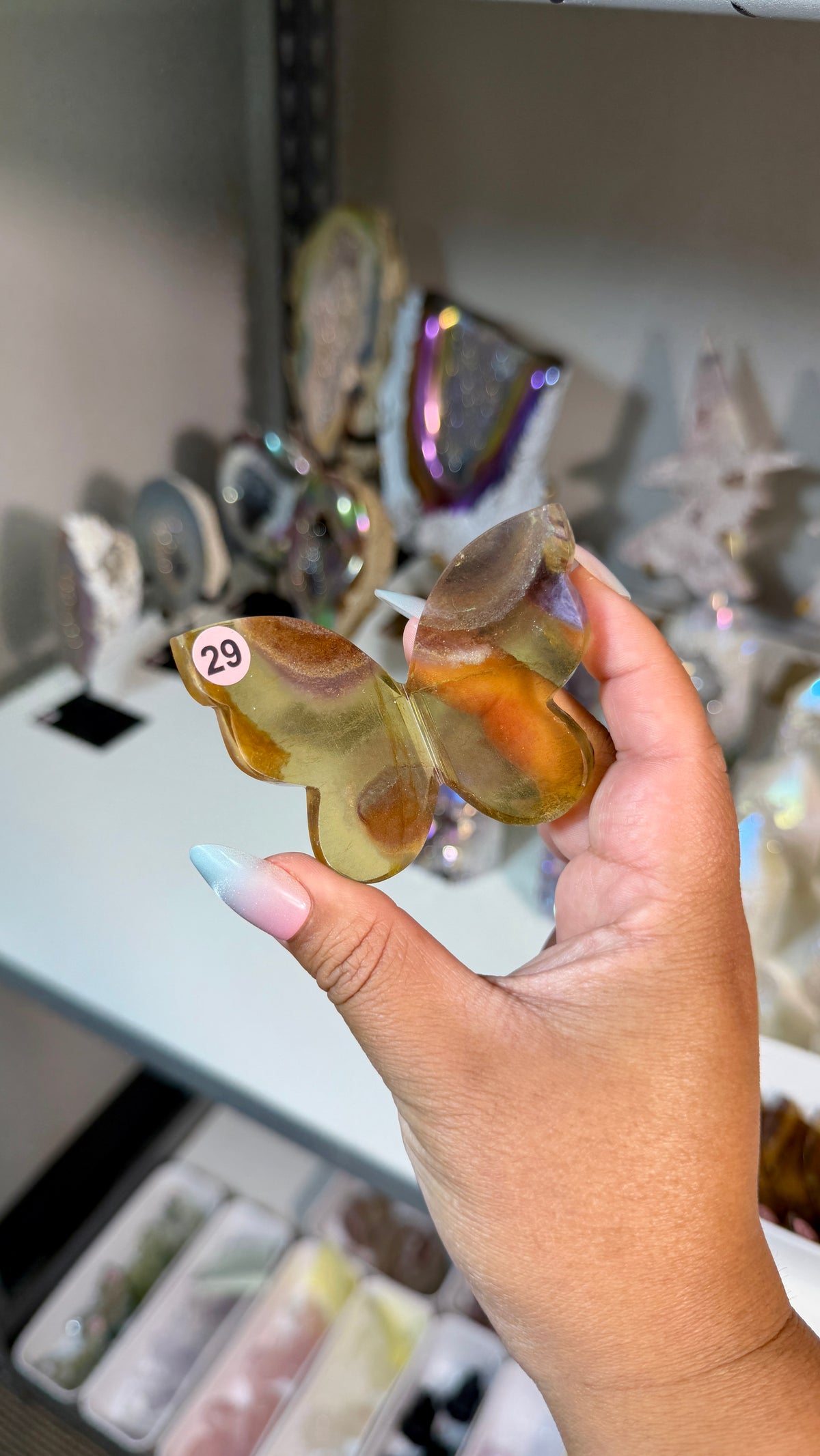 Gorgeous Yellow & Purple Banded Fluorite 3D Butterly | Hand Carved in India, Sourced in China | Opt 29