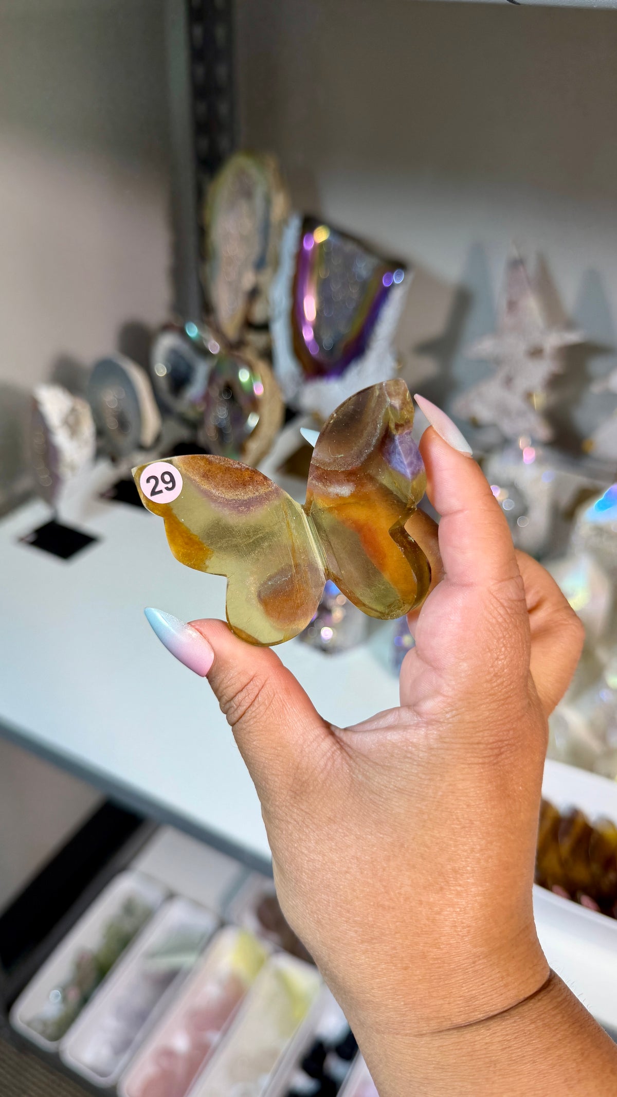 Gorgeous Yellow & Purple Banded Fluorite 3D Butterly | Hand Carved in India, Sourced in China | Opt 29