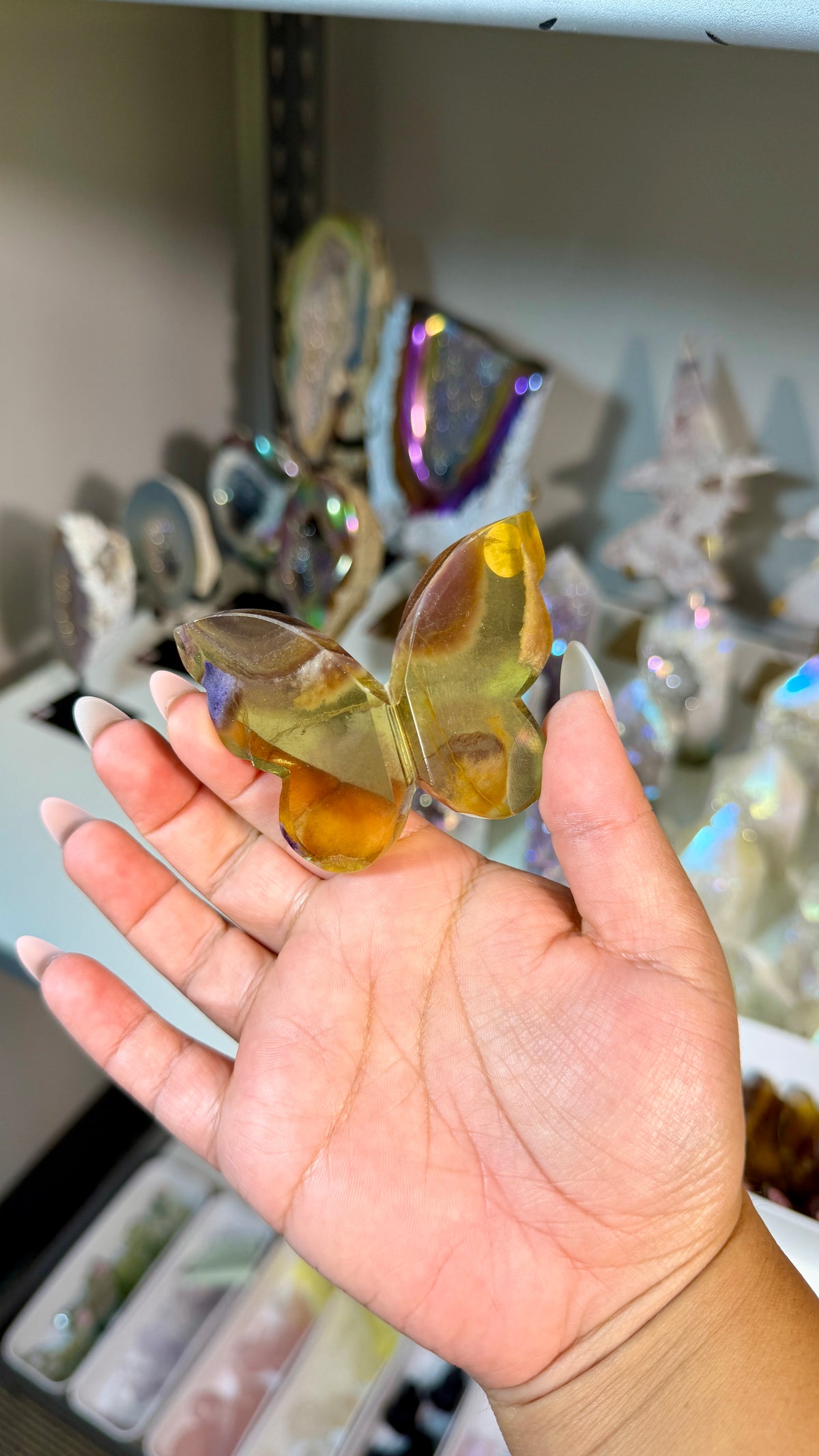 Gorgeous Yellow & Purple Banded Fluorite 3D Butterly | Hand Carved in India, Sourced in China | Opt 29
