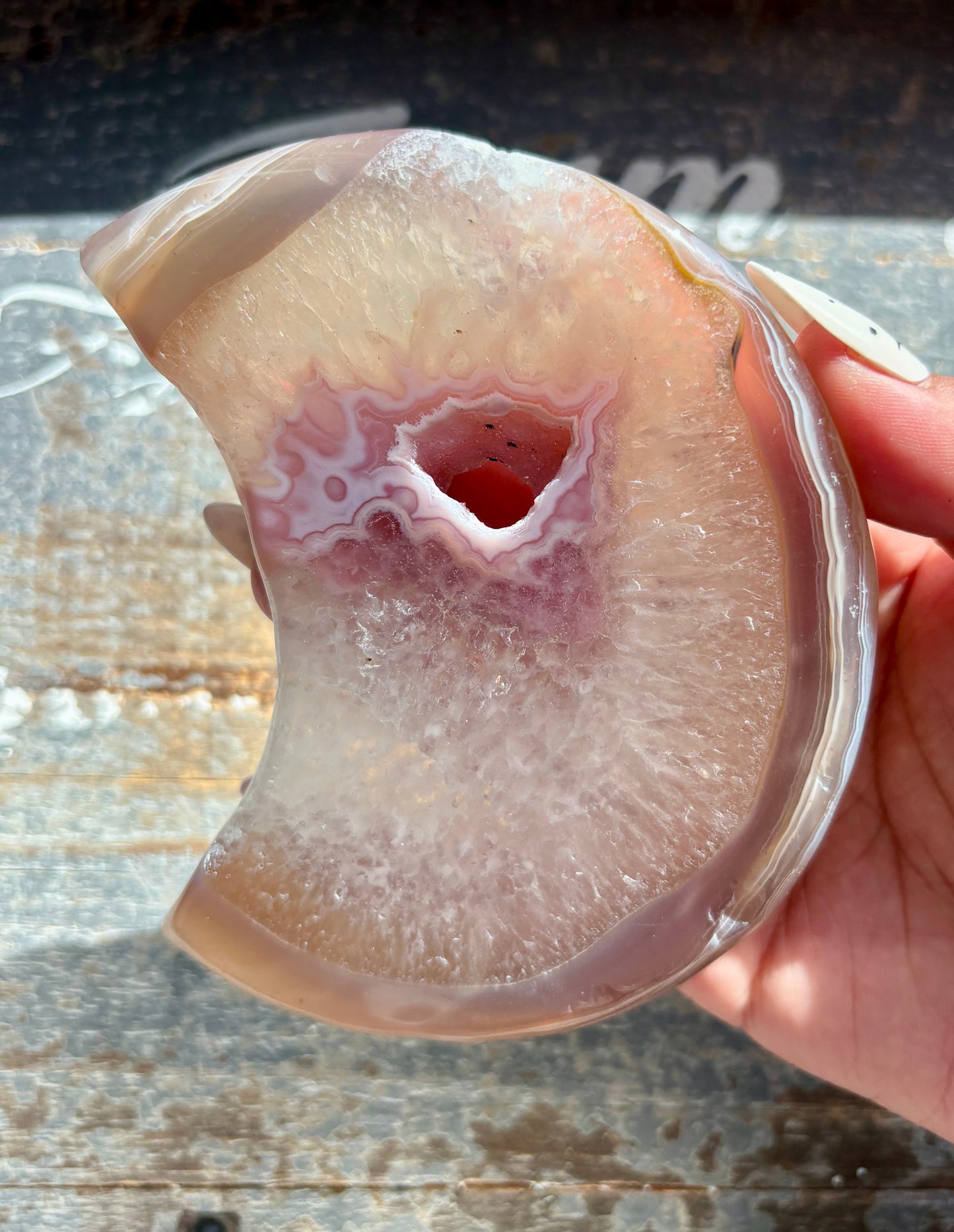 Gorgeous Pink Agate Moon with Druzy